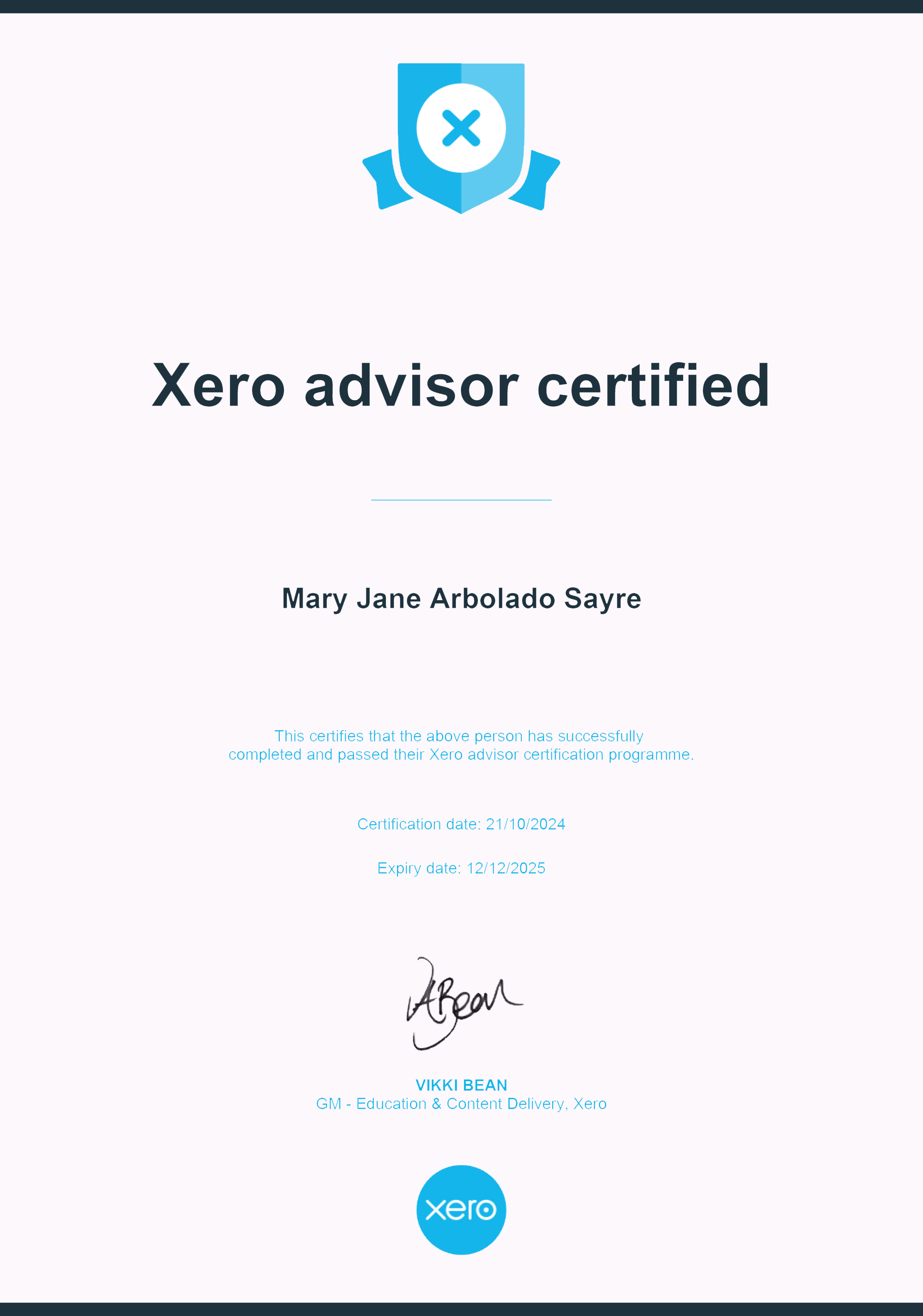 XERO ADVISOR CERTIFICATE