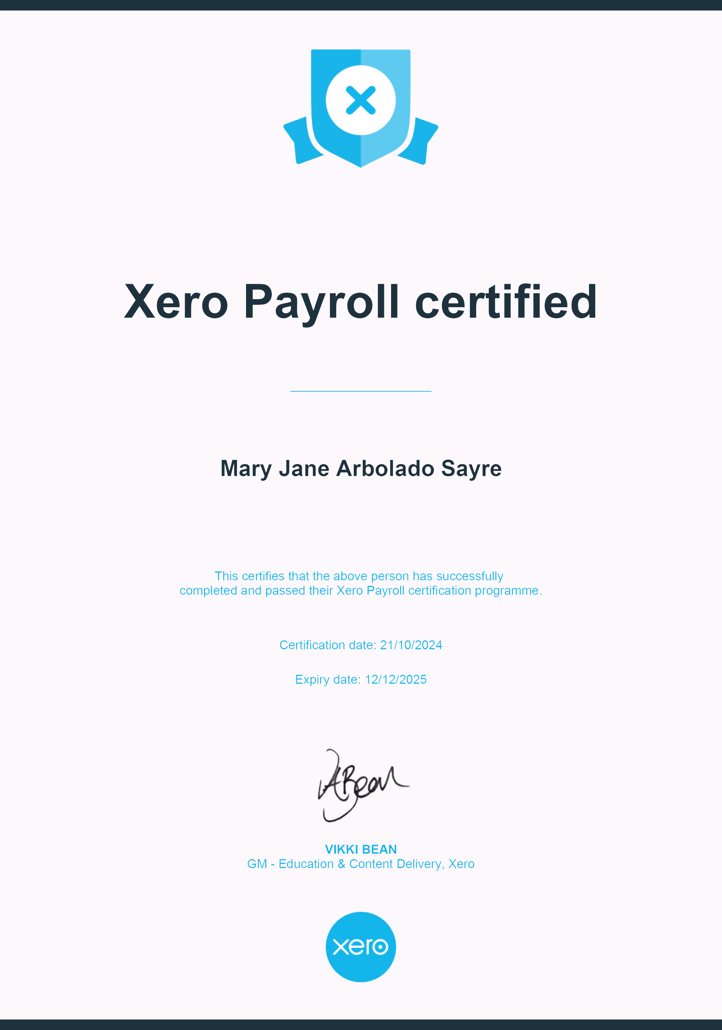 XERO PAYROLL CERTIFICATE