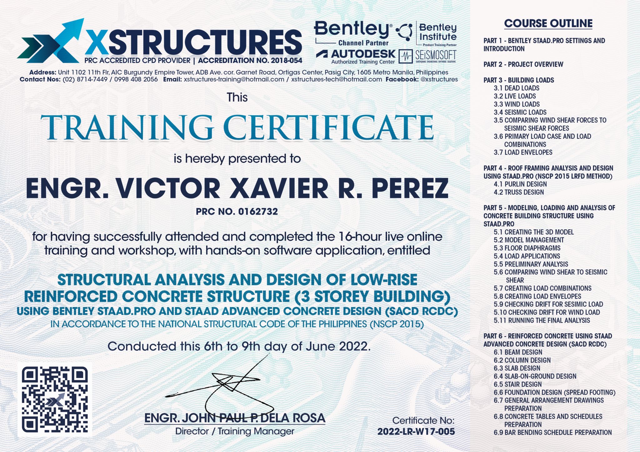 Xstructures Certificate for Structural Analysis and Design using STAAD Advanced