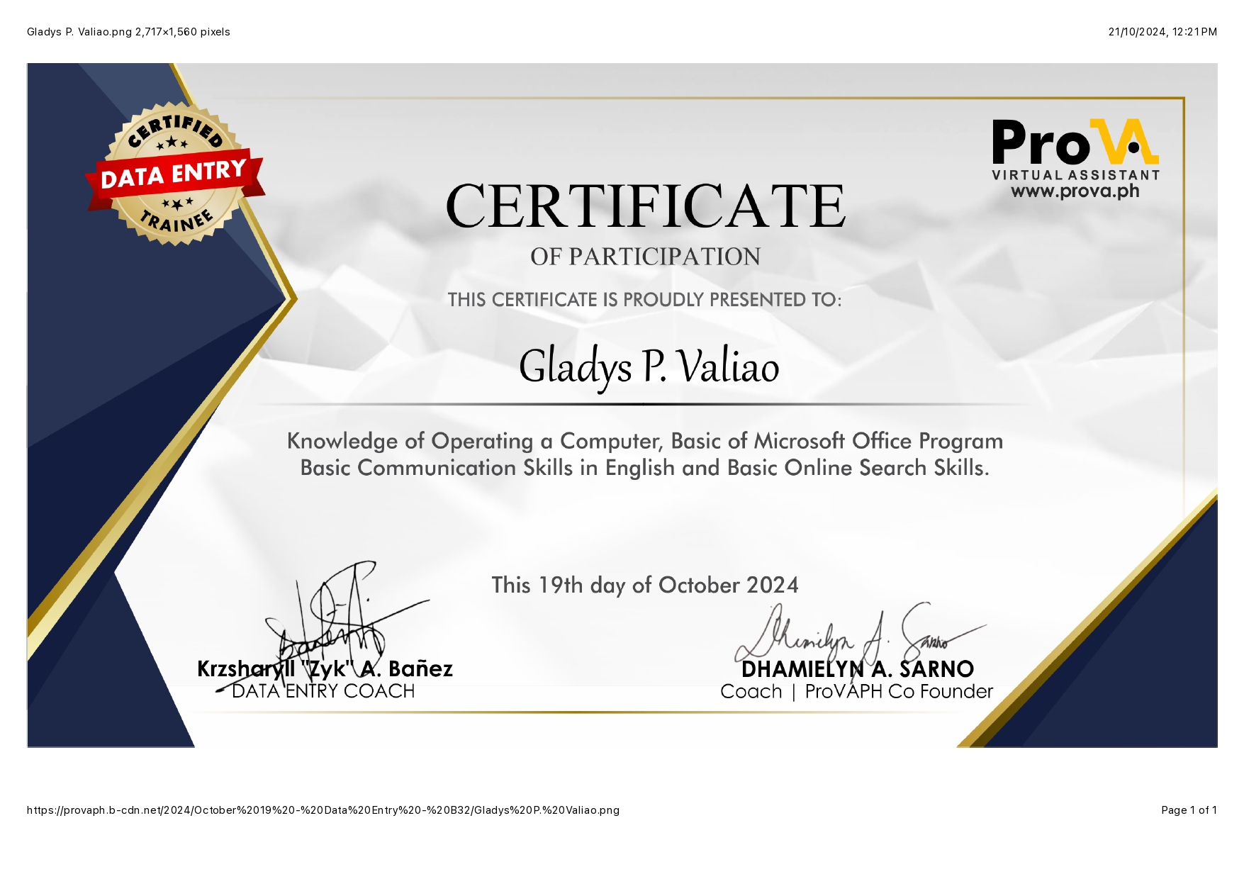 DATA ENTRY CERTIFICATE OF GLADYS