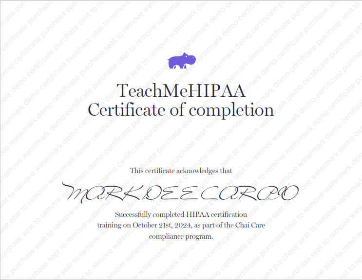 HIPAA Certificate