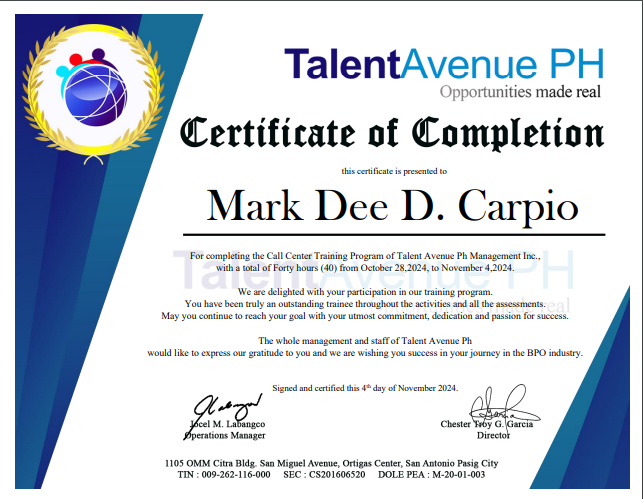 Call Center Training Certificate