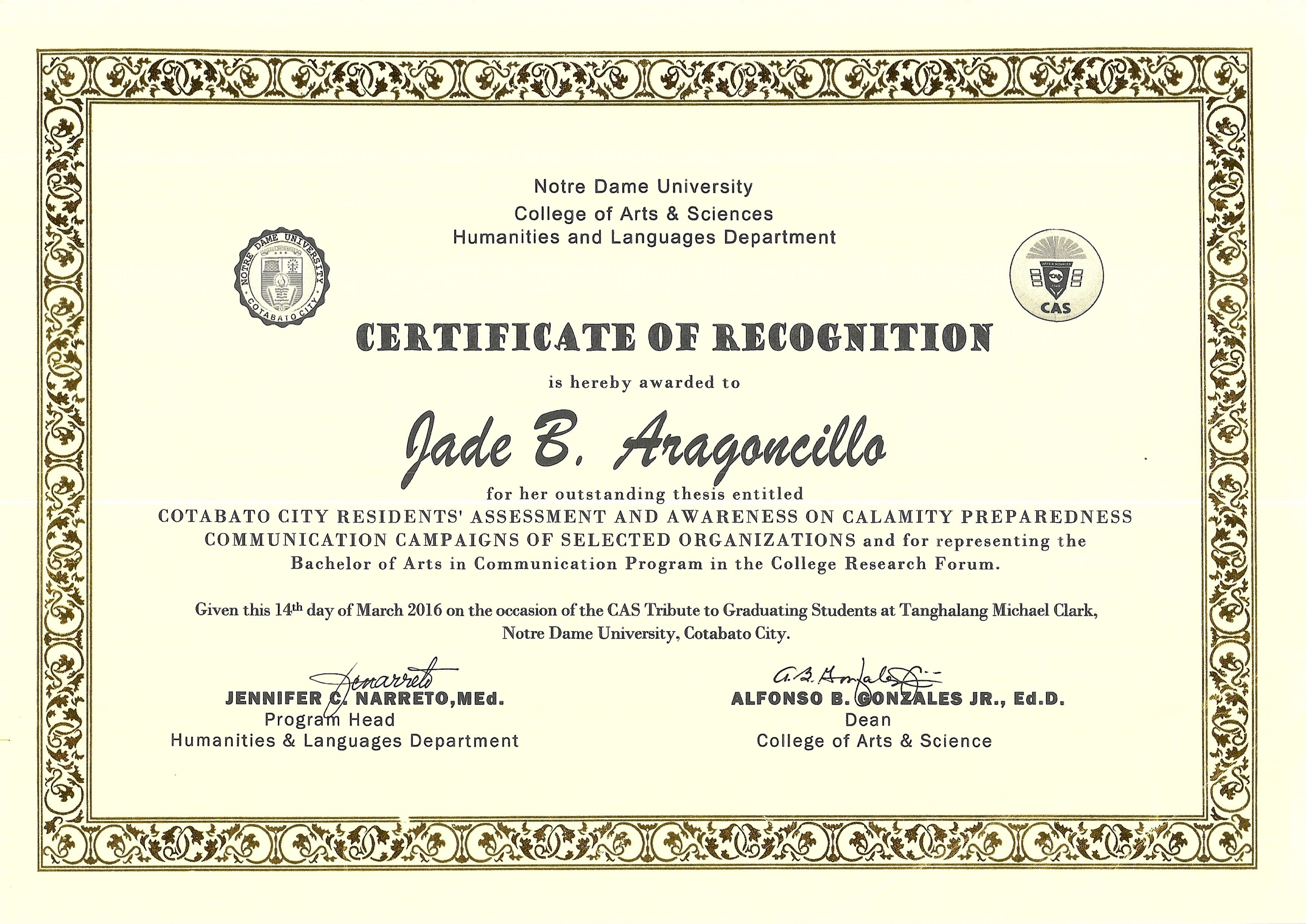 Certificate of Recognition for Outstanding Thesis Study