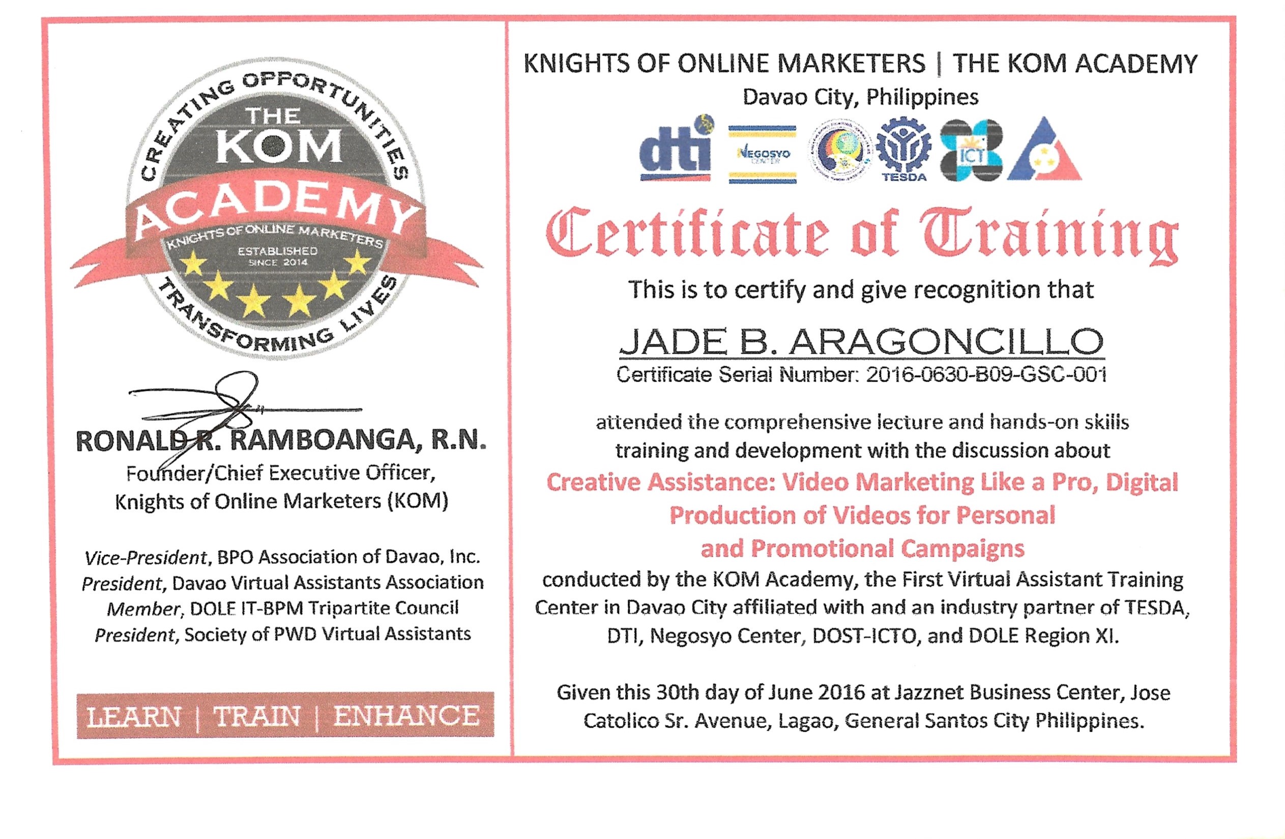 Certificate of Training in Creative Assistance: Video Marketing, Digital Production, and Promotional Campaigns