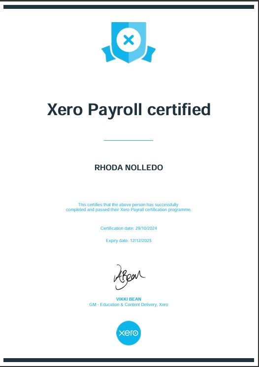 XERO Payroll Certificate