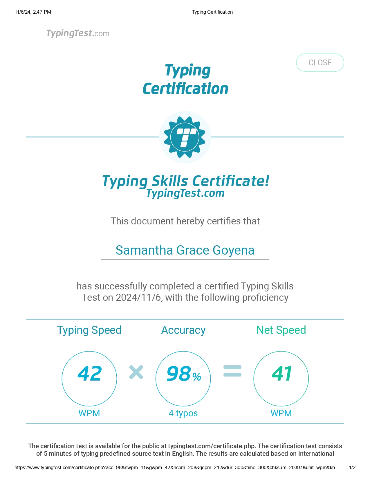 Typing Certification