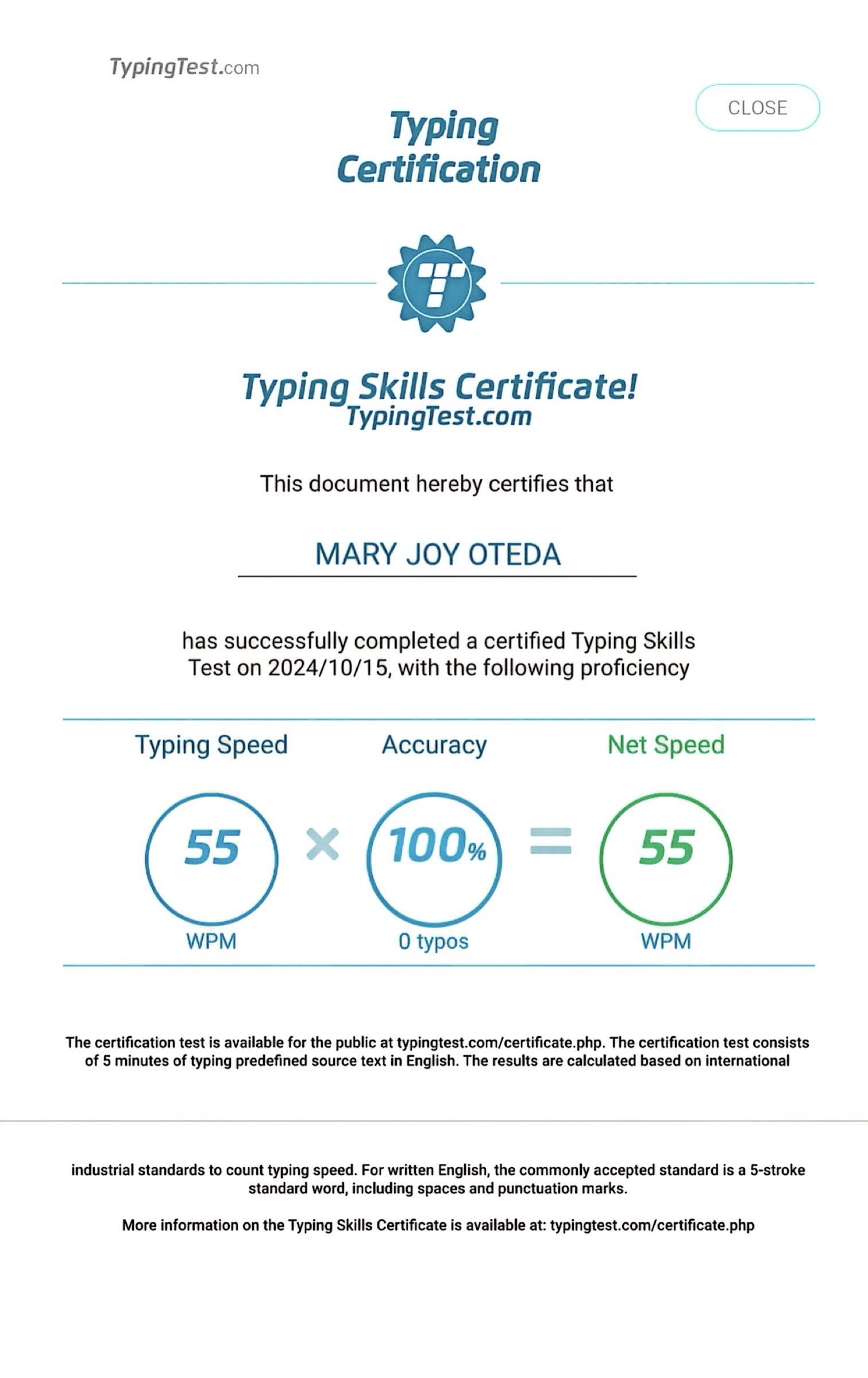 Typing Skills Certificate