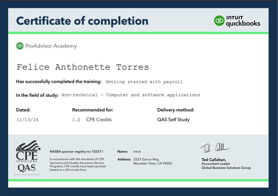 Certificate of Completion(Intuit)- Getting started with payroll