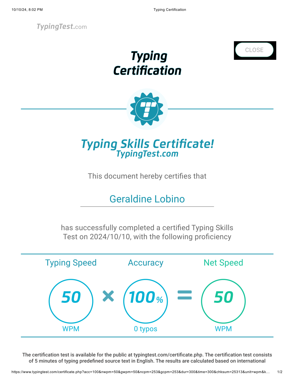 Typing Skills Certificate