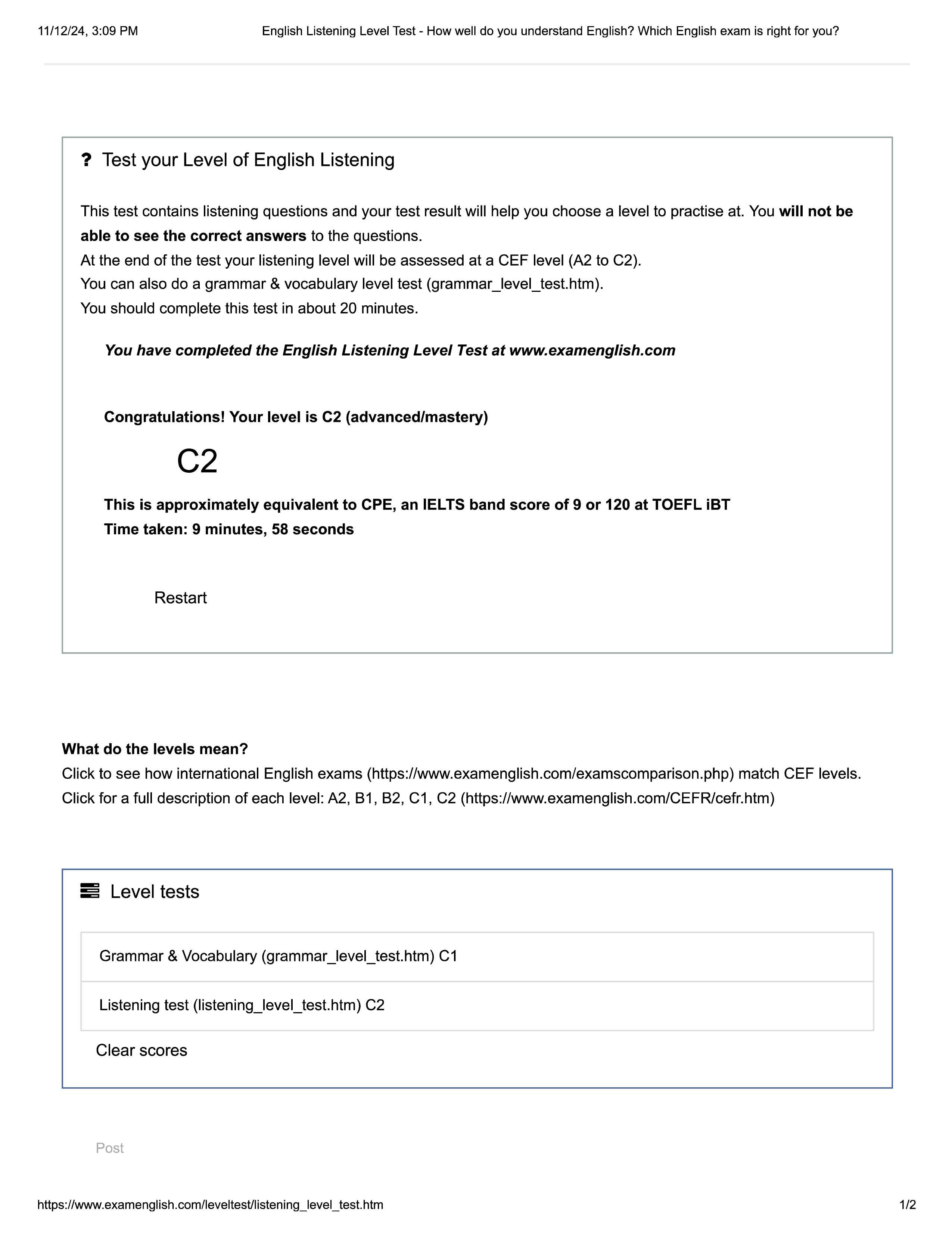 grammar and vocabulary test result