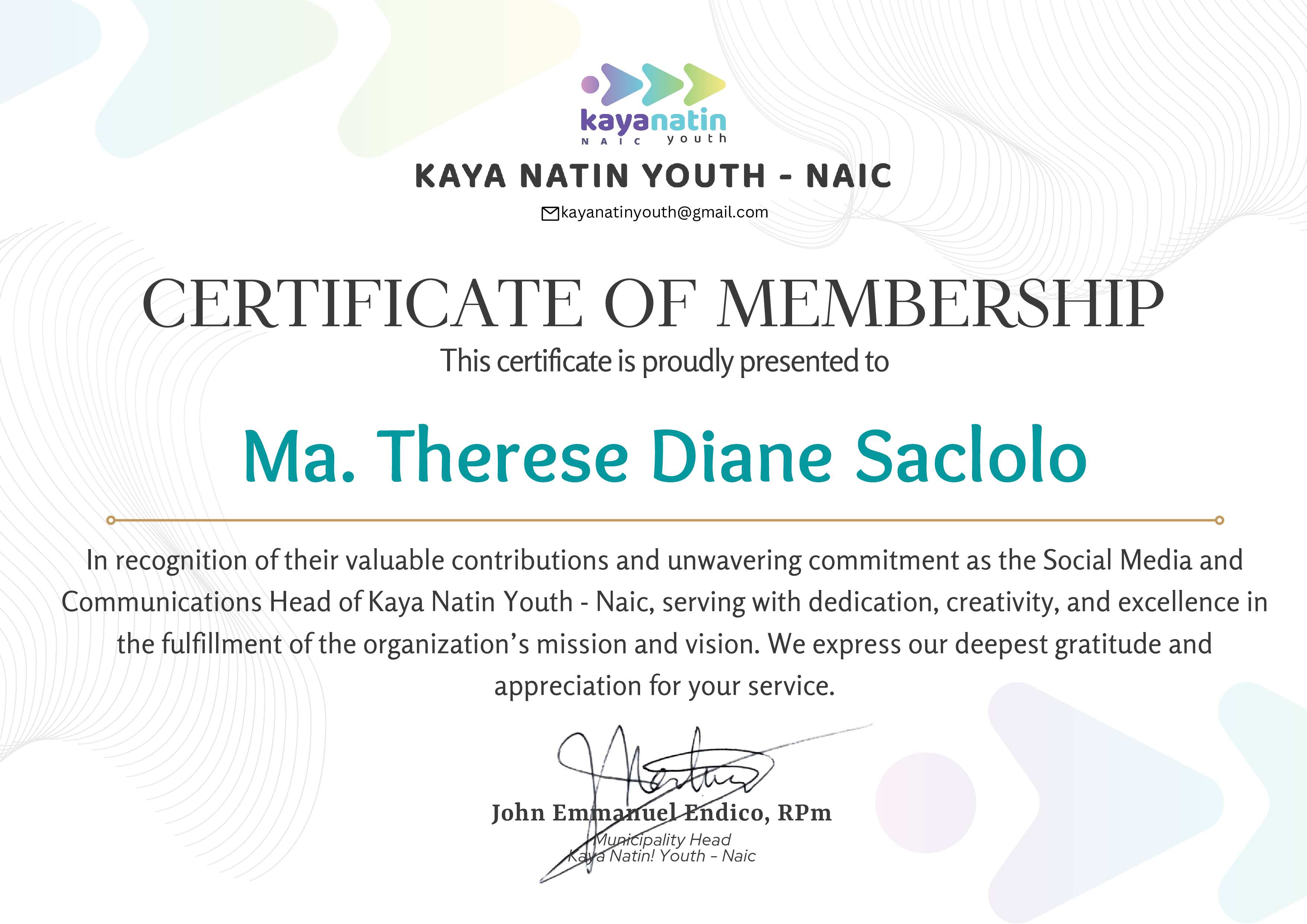 Social Media and Communications Head of Kaya Natin Youth-Naic