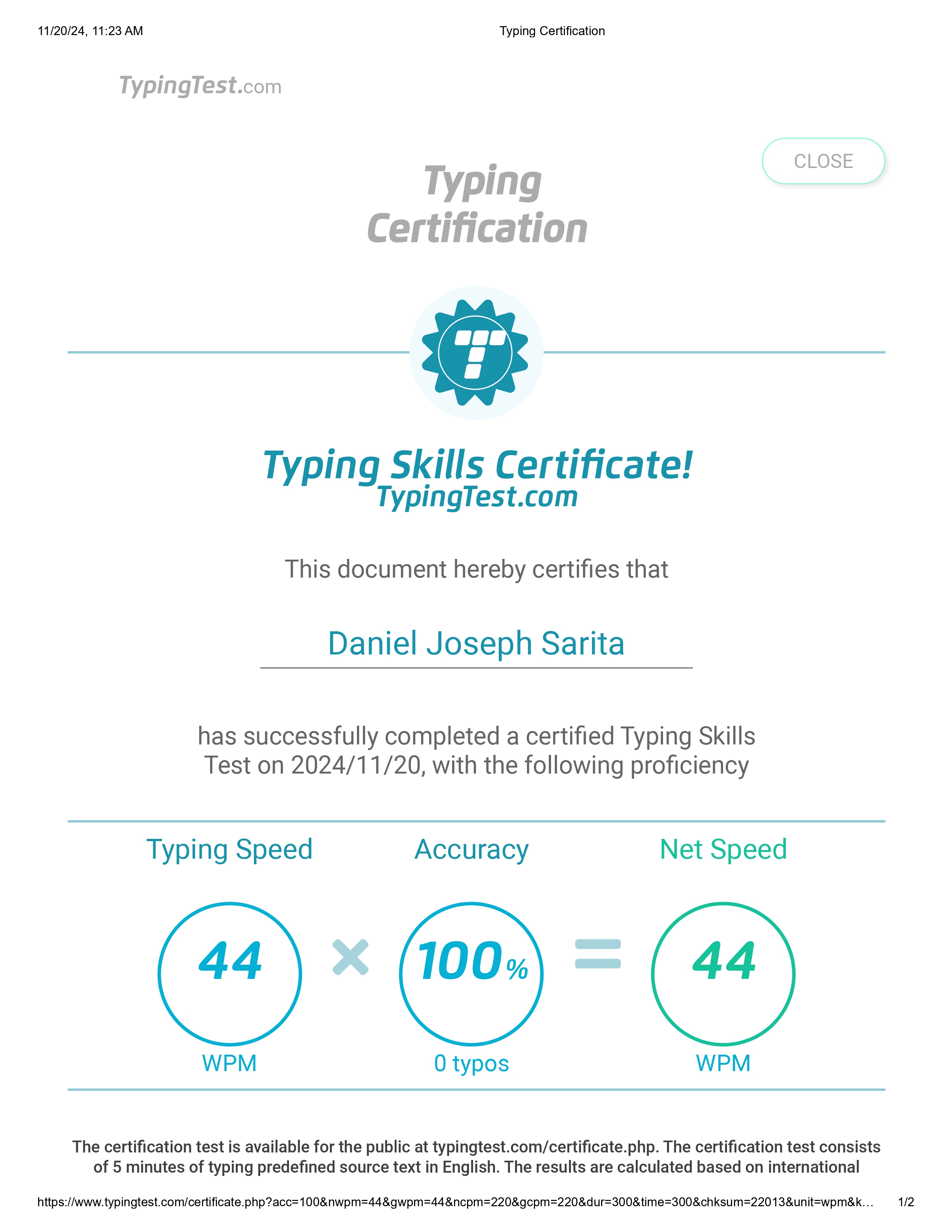 Typing Test Certificate