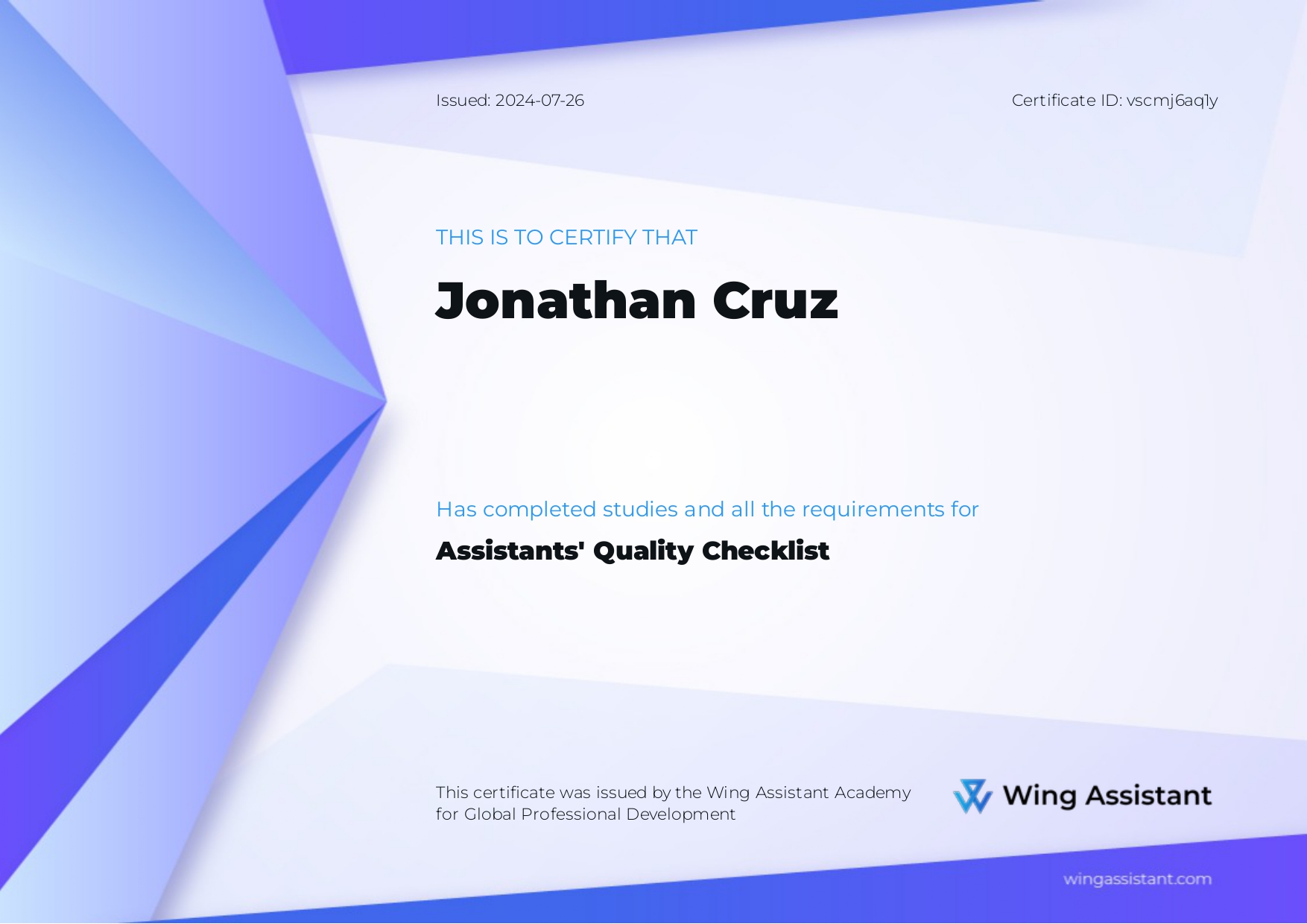 Assistants' Quality Checklist