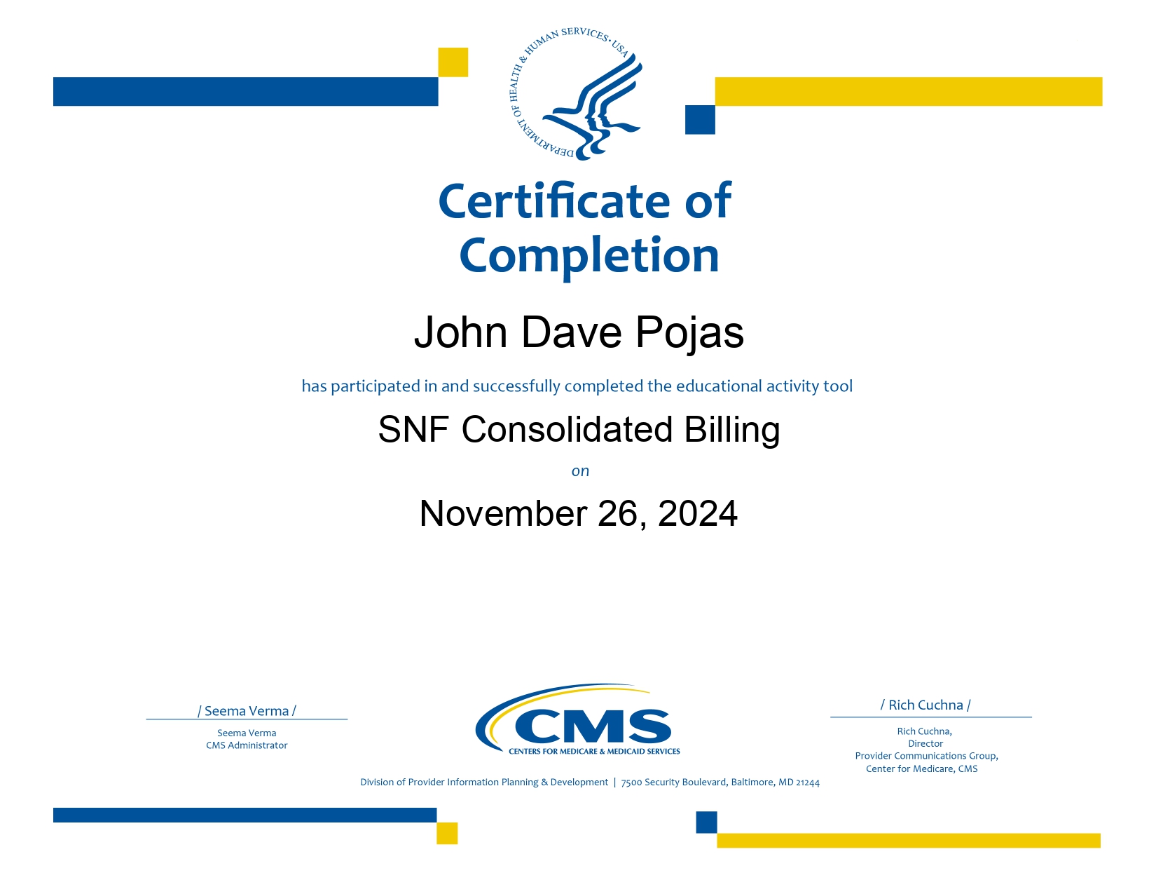 SNF Consolidated Billing Certificate