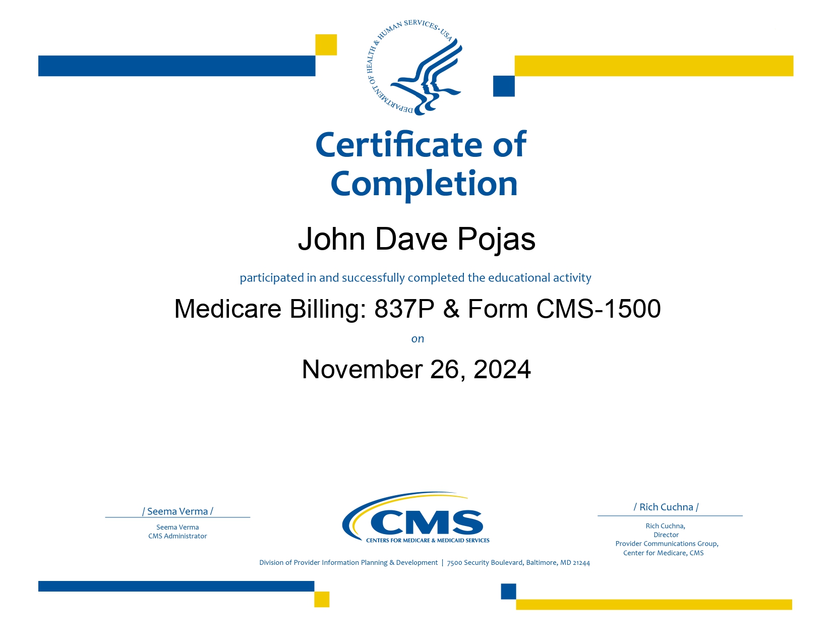 Medicare Billing 837P & Form CMS-1500 Cert.