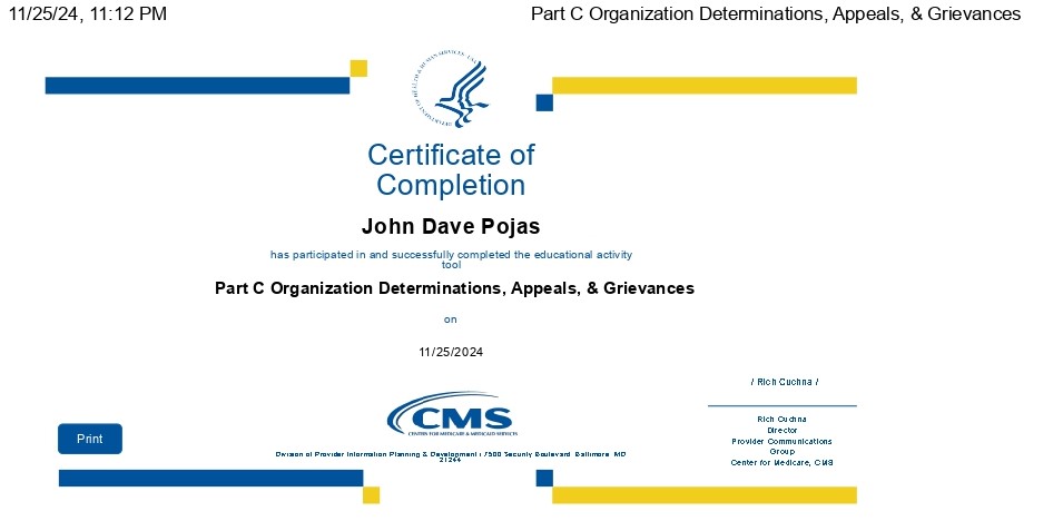 Part C Organization Determinations, Appeals, & Grievances Cert.