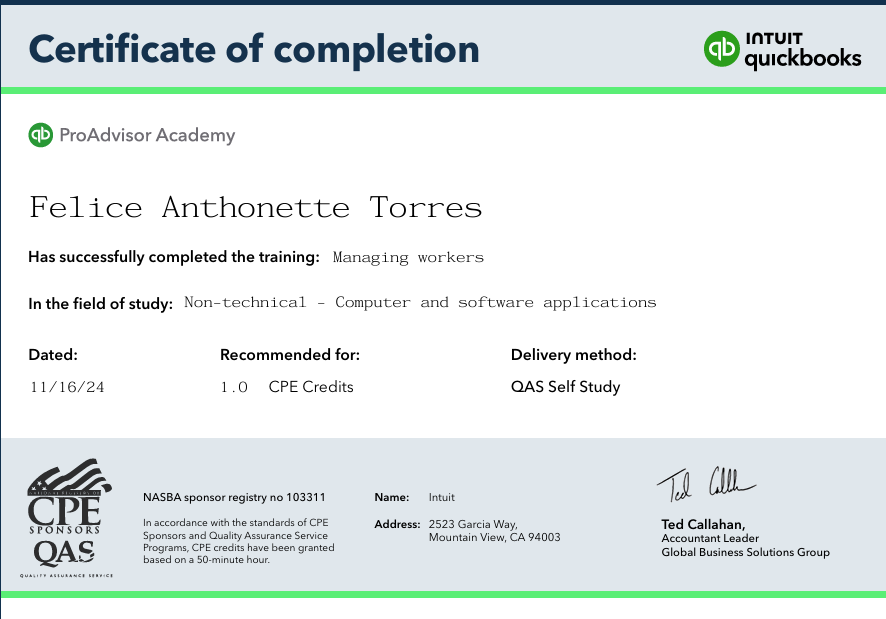 Certificate of Completion(Intuit)-Managing Workers: 1.0 CPE Credit