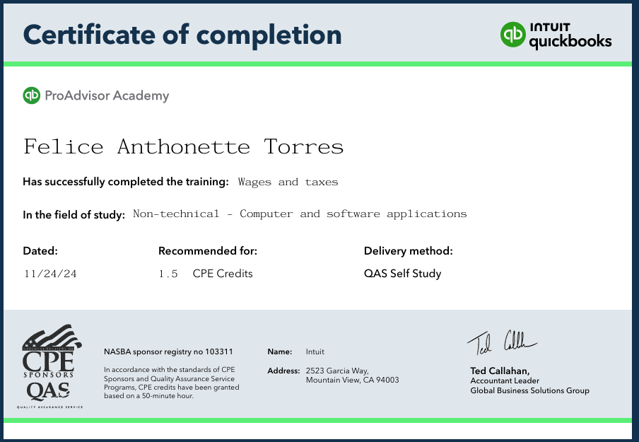 Certificate of Completion(Intuit)-Wages and Taxes: 1.5 CPE Credit