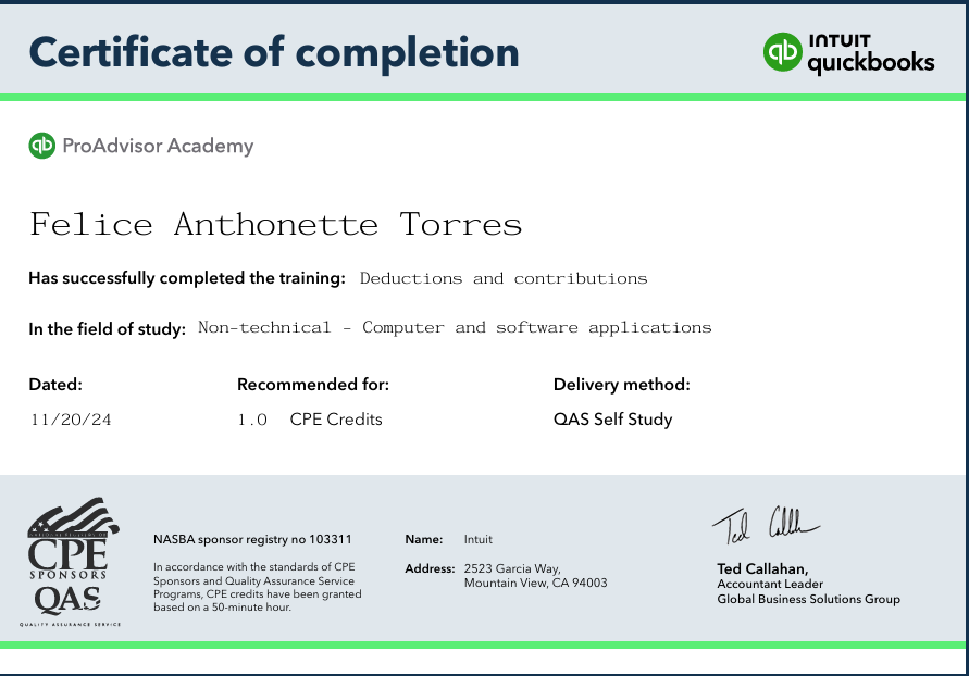 Certificate of Completion(Intuit)-Deductions and Contributions 1.0 CPE Credit