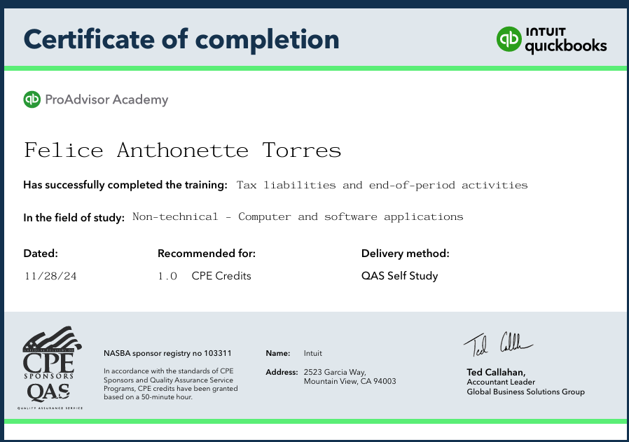 Certificate of Completion(Intuit)-Tax Liabilities and End-of-period Activities:1.0 CPE Credit