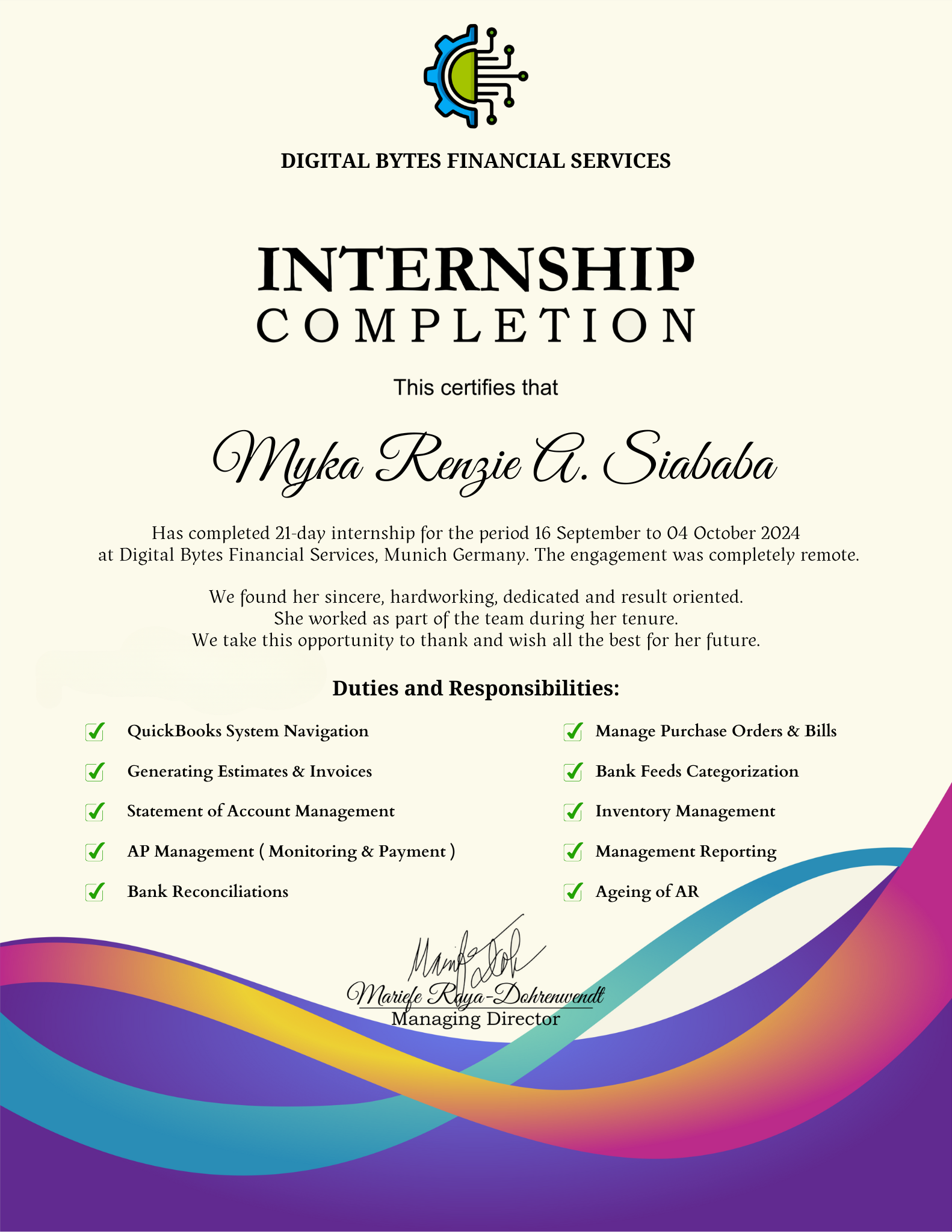 Internship Certificate (Quickbooks) at Digital Bytes Financial Services