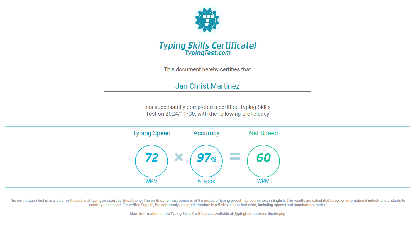 Typing Certificate
