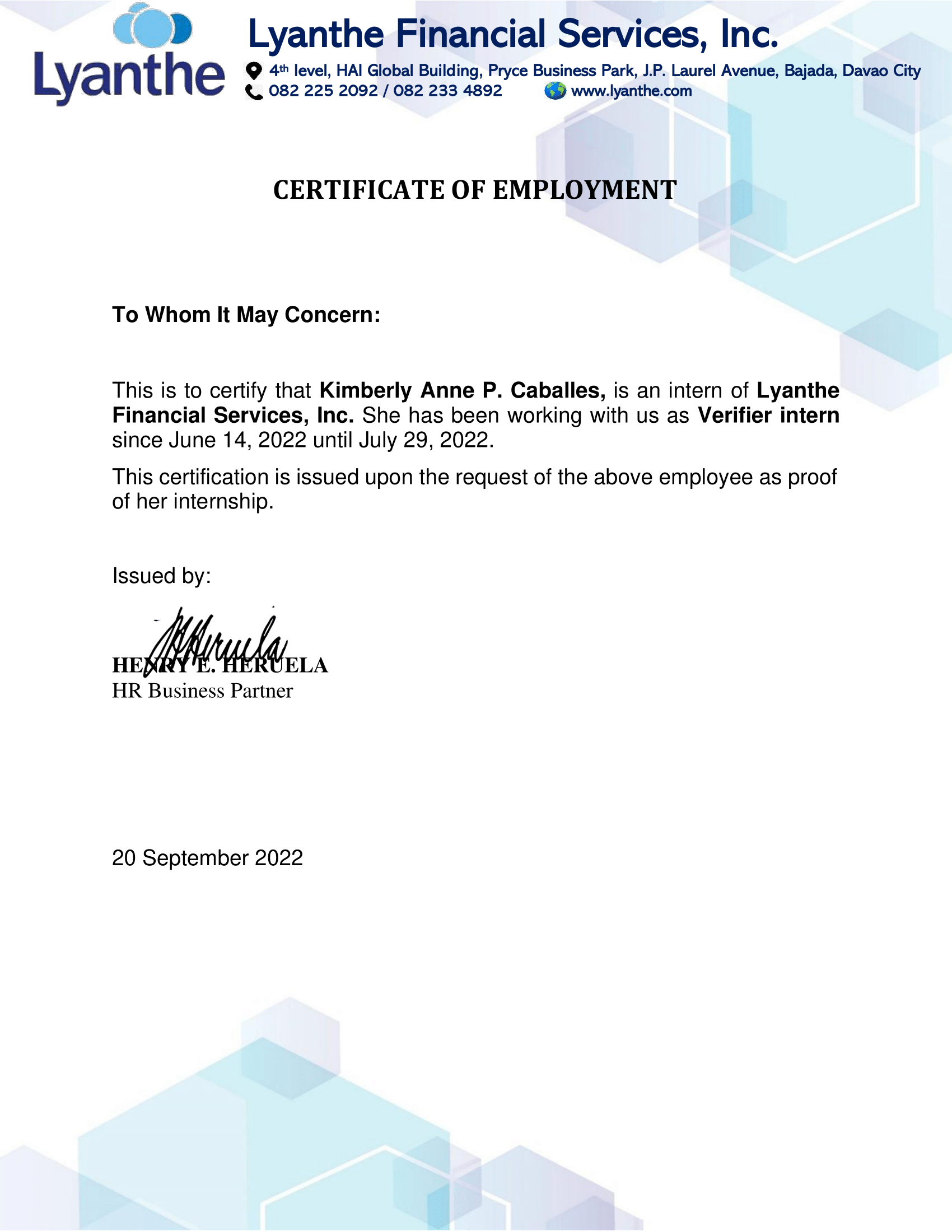 Verifier Internship Certificate of Employment