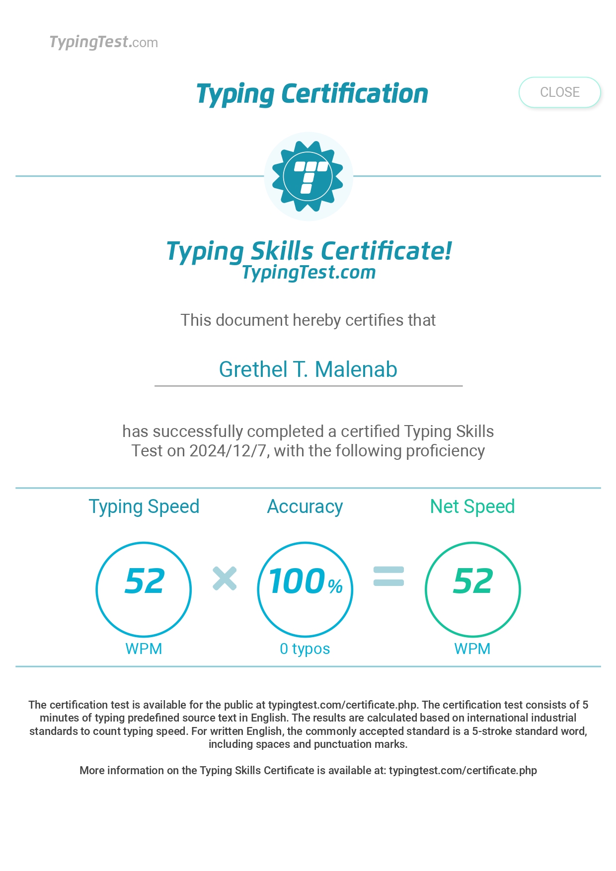 Typing Skills Certificate