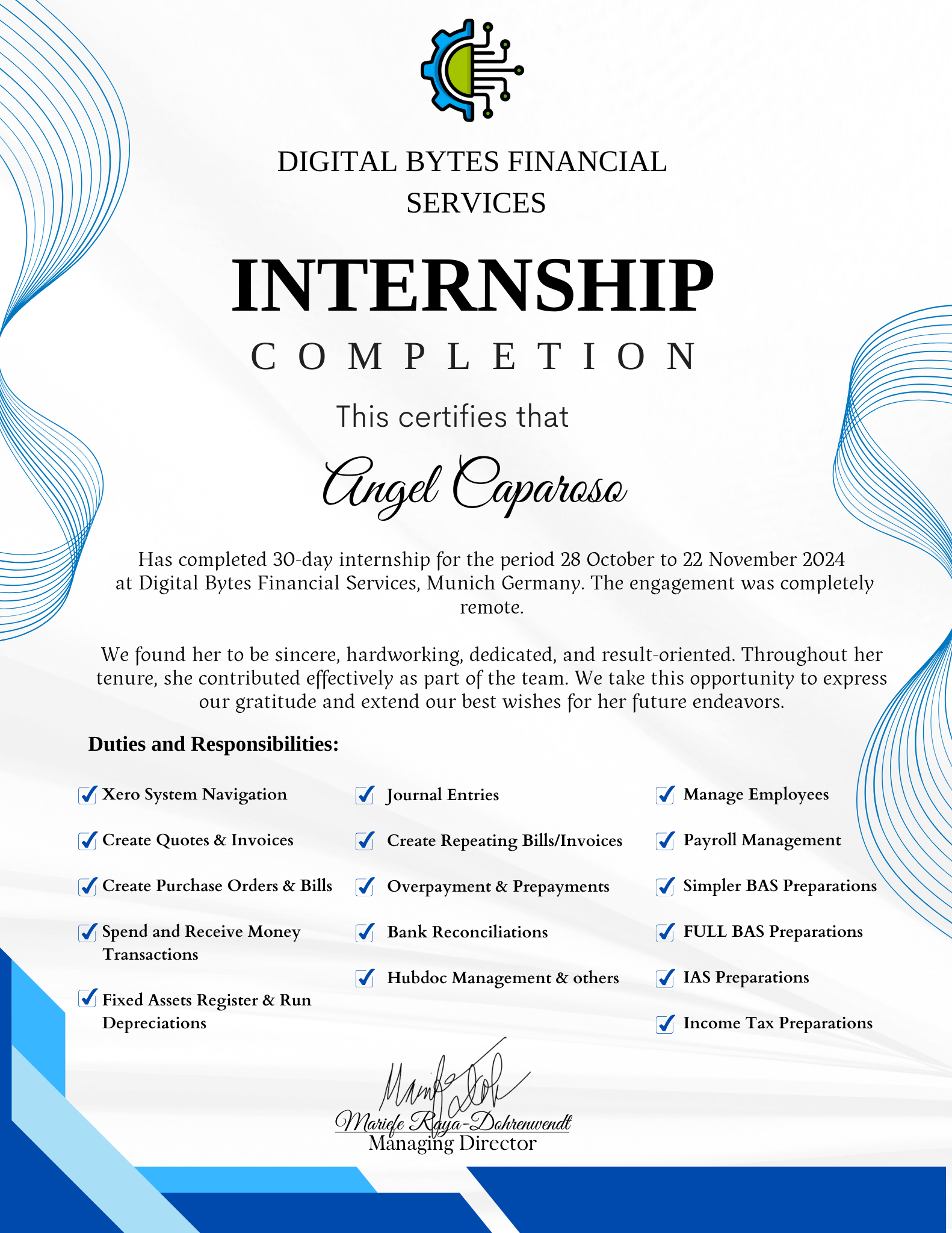 Xero Internship Completion Certificate