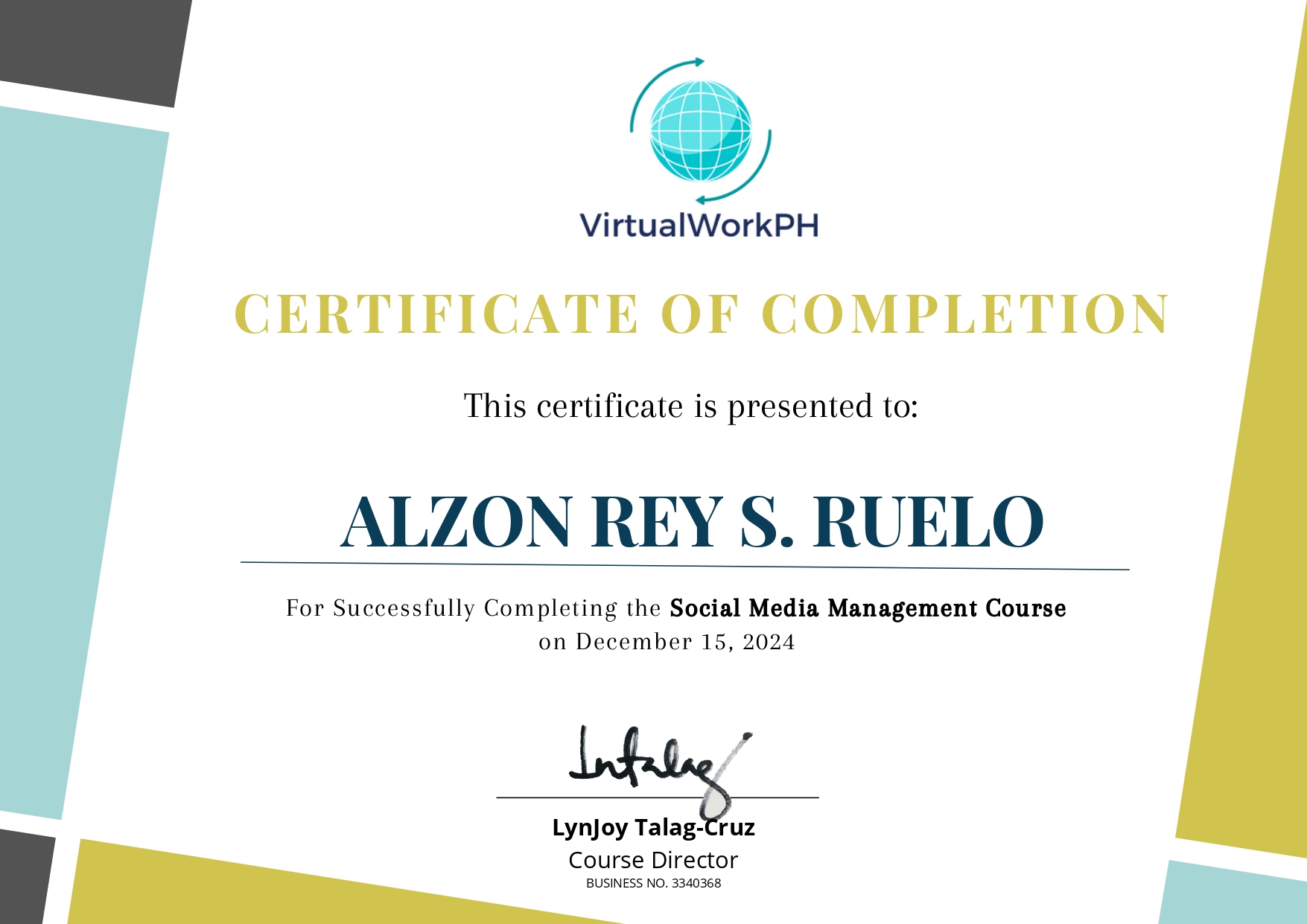 Certificate of Completion- Social Media Management Course