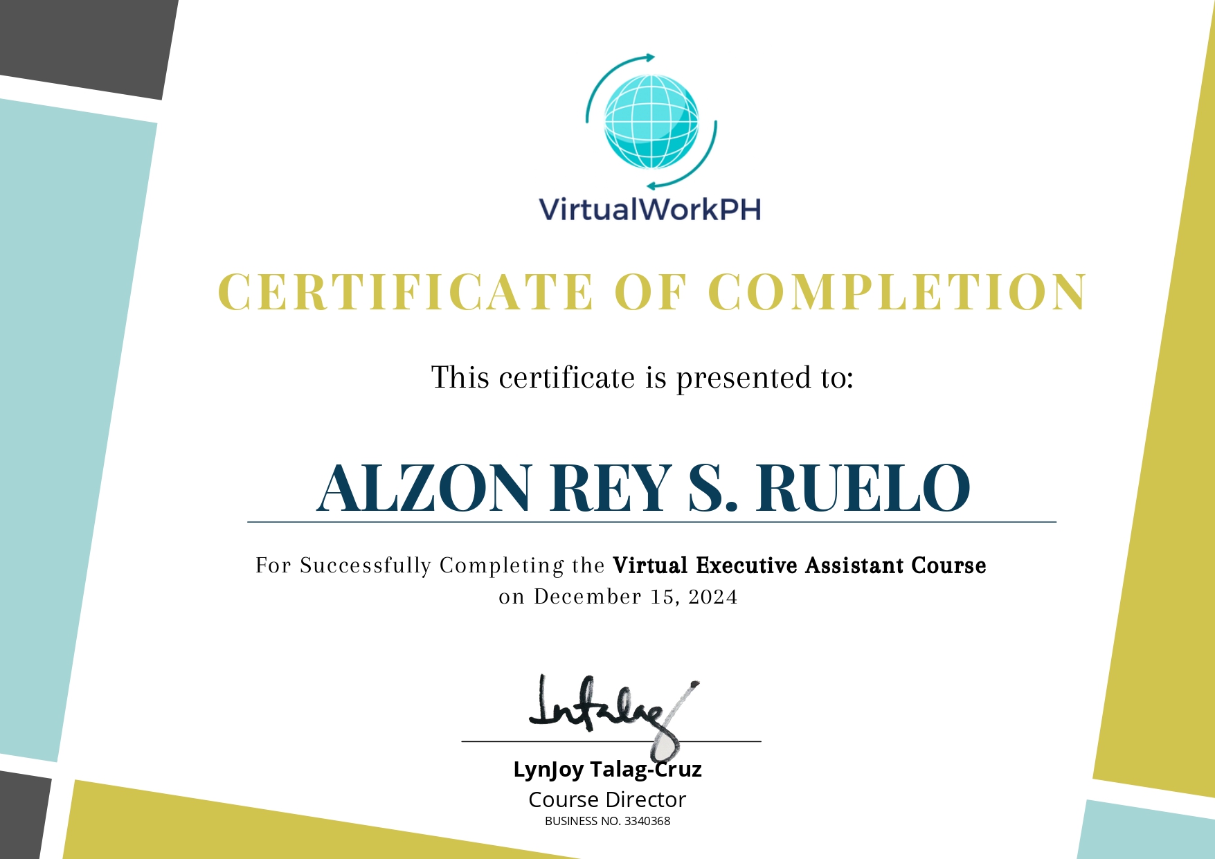 Certificate of Completion- Virtual Execustive Assistance Course