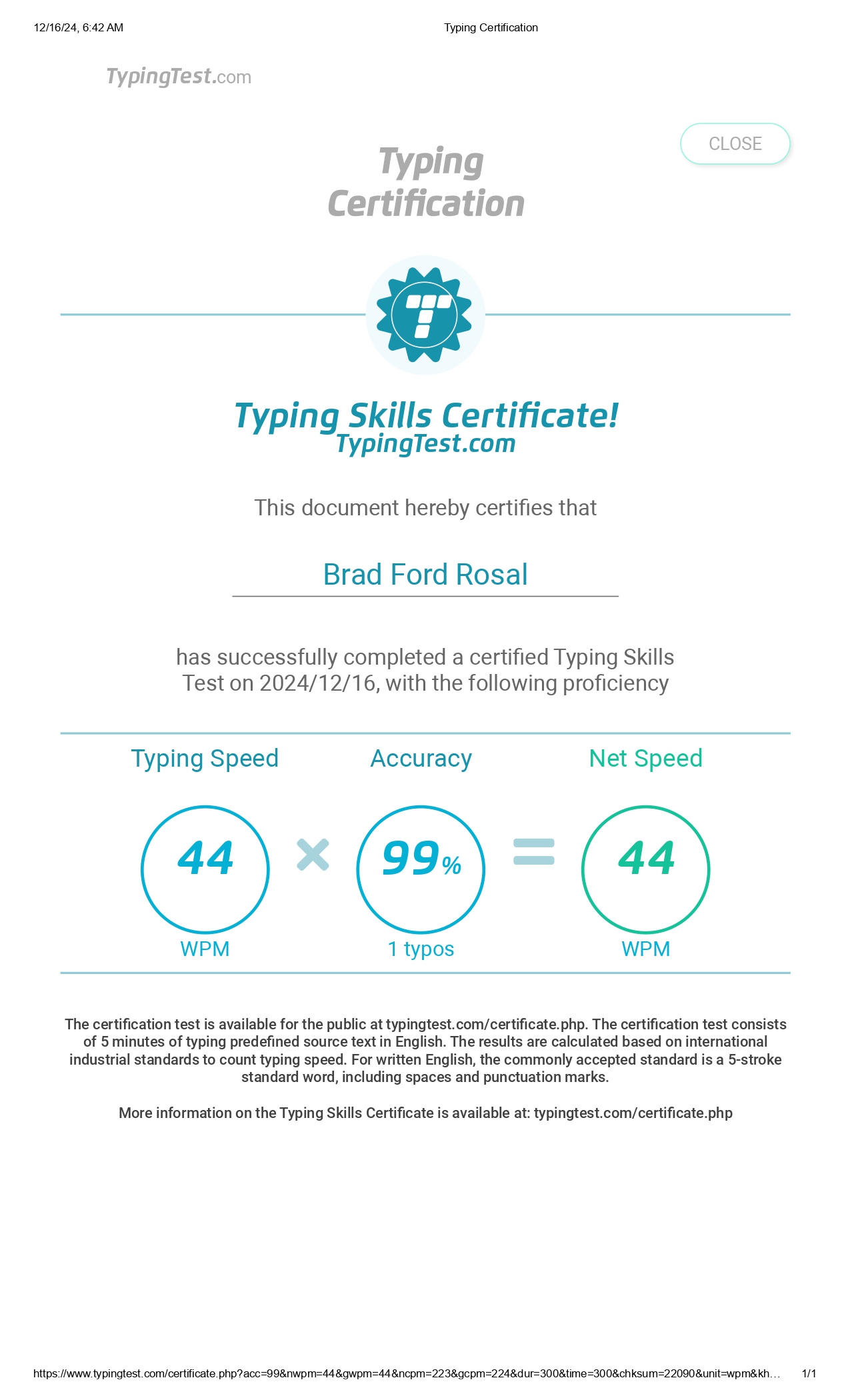 Typing Certification