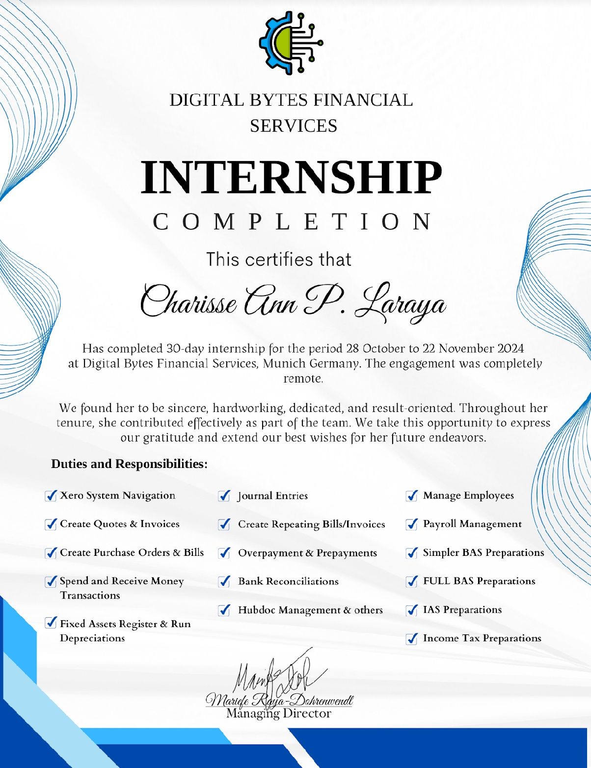 Digital Bytes Financial Services Internship Certificate