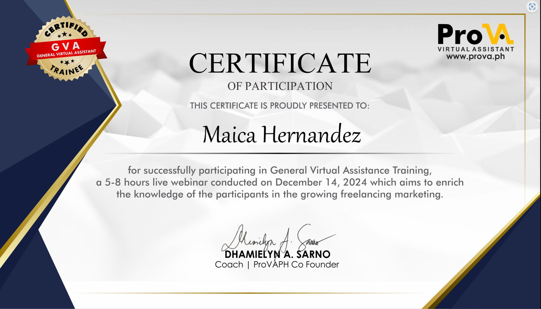 VA Training Certificate