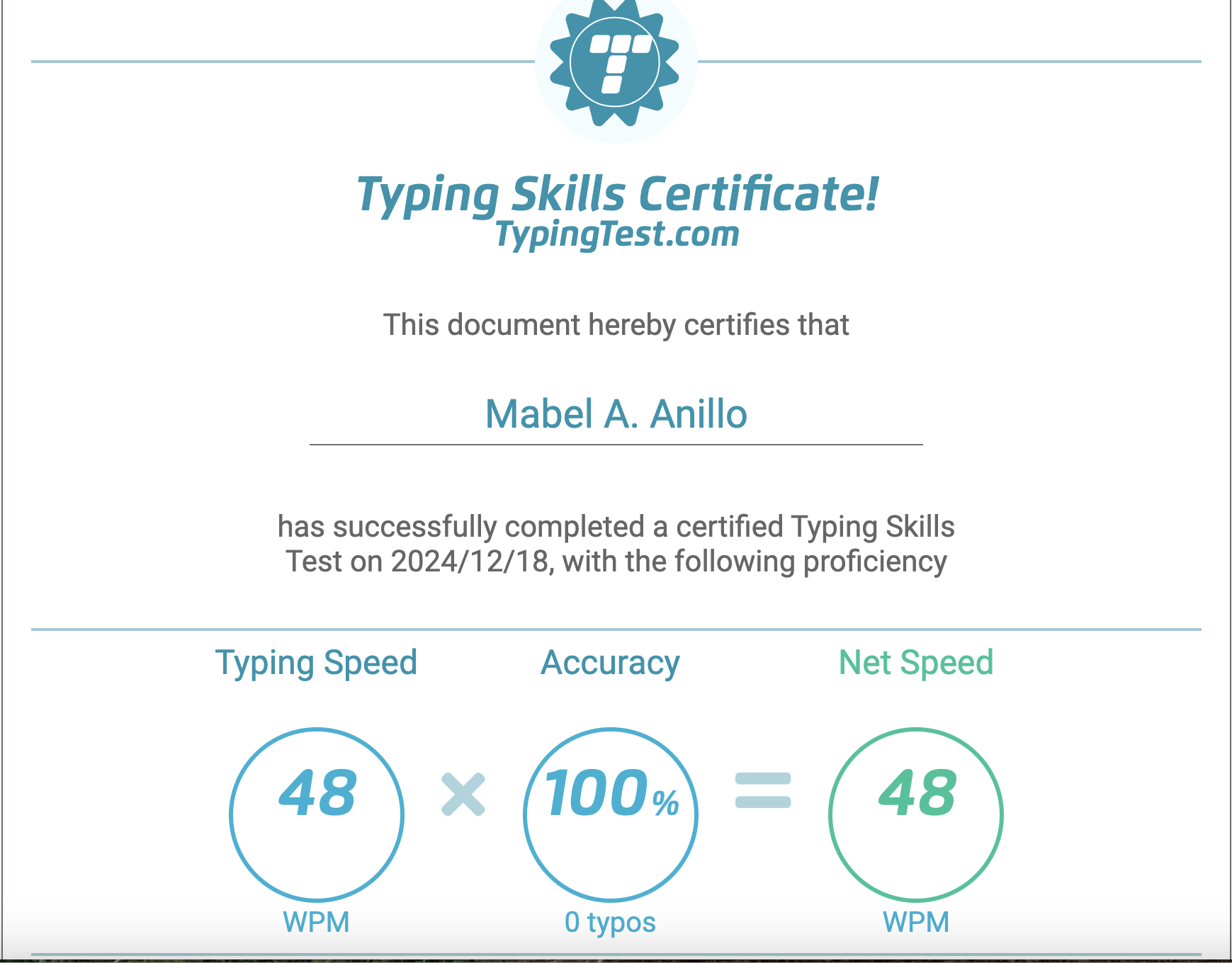 Typing Certificate