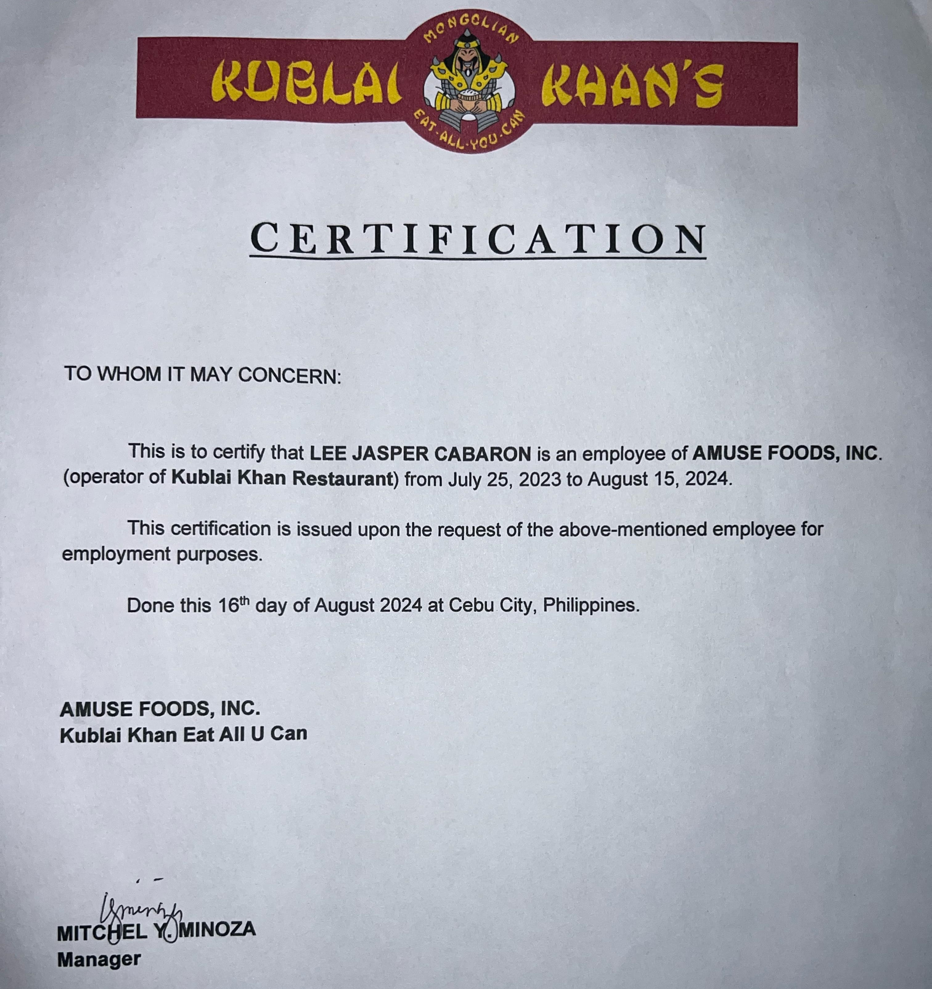 Certificate of employment