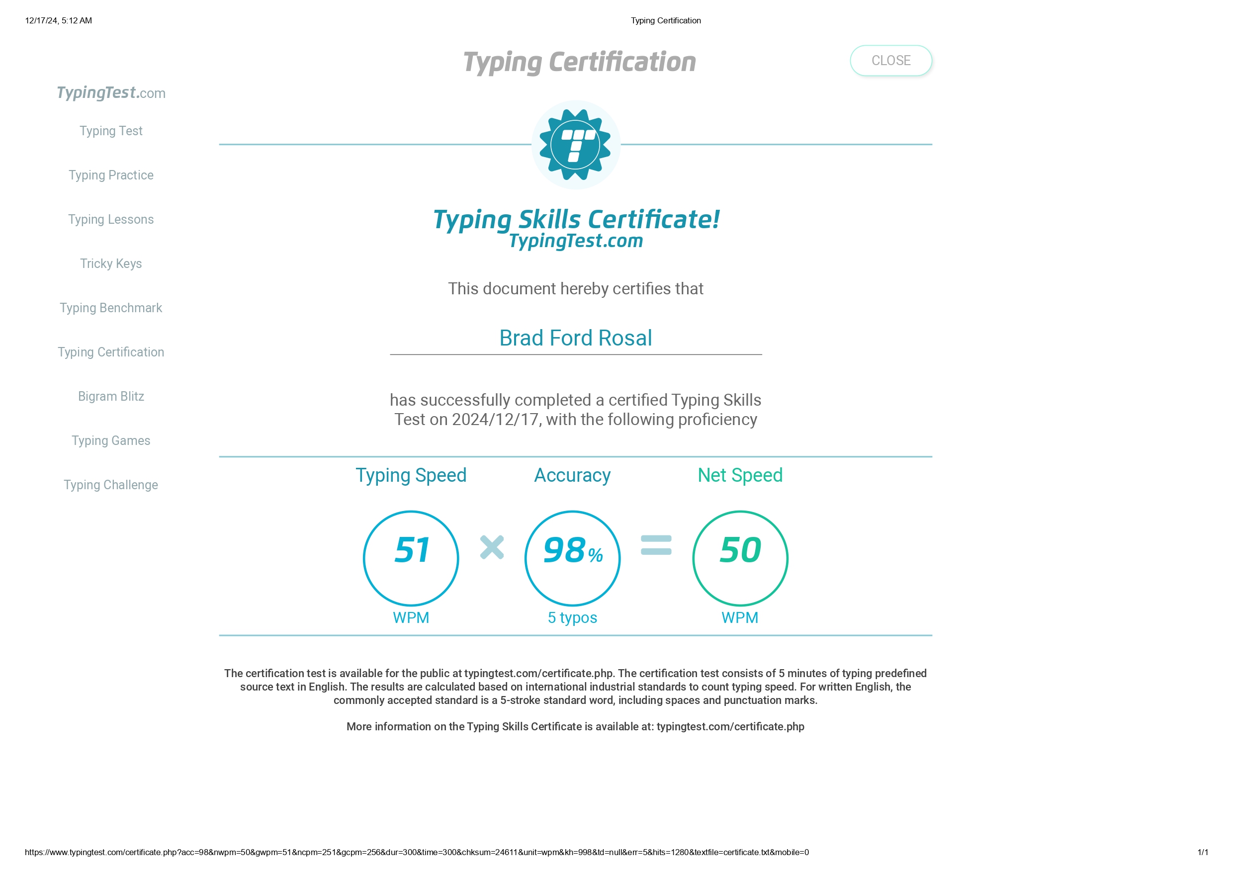 Typing Certification