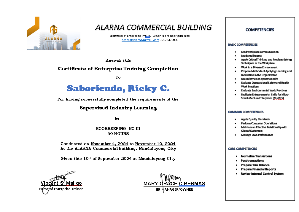 Bookeeping OJT Certificate