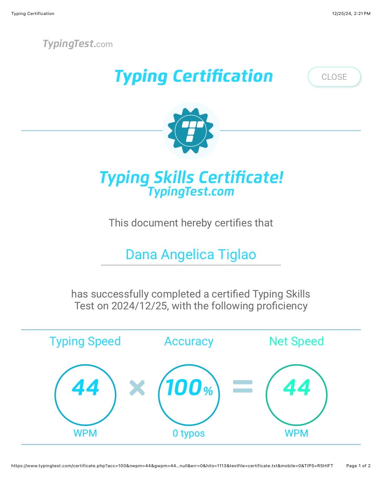 Typing test Certificate