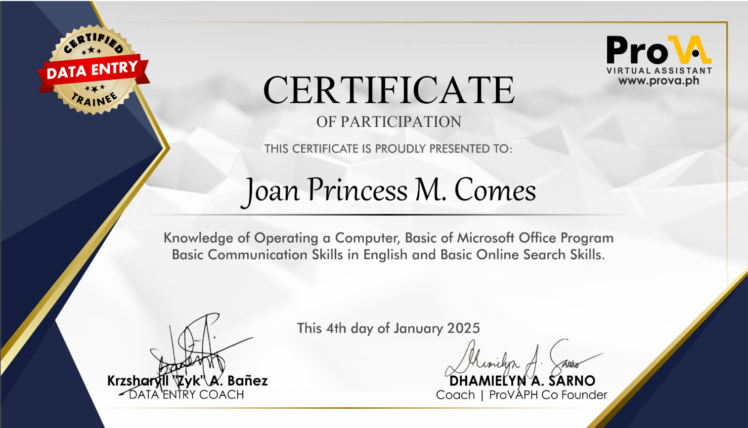 Data Entry Training Certificate