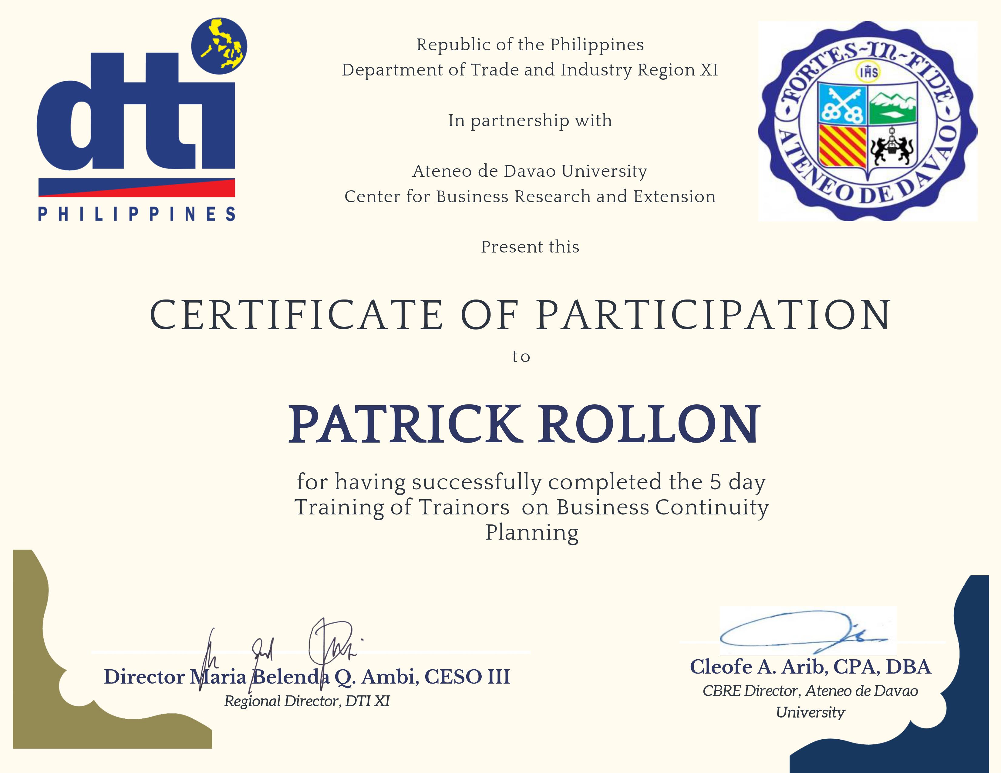 Training of Trainers on Business Continuity Planning Patrick Glenn Rollon