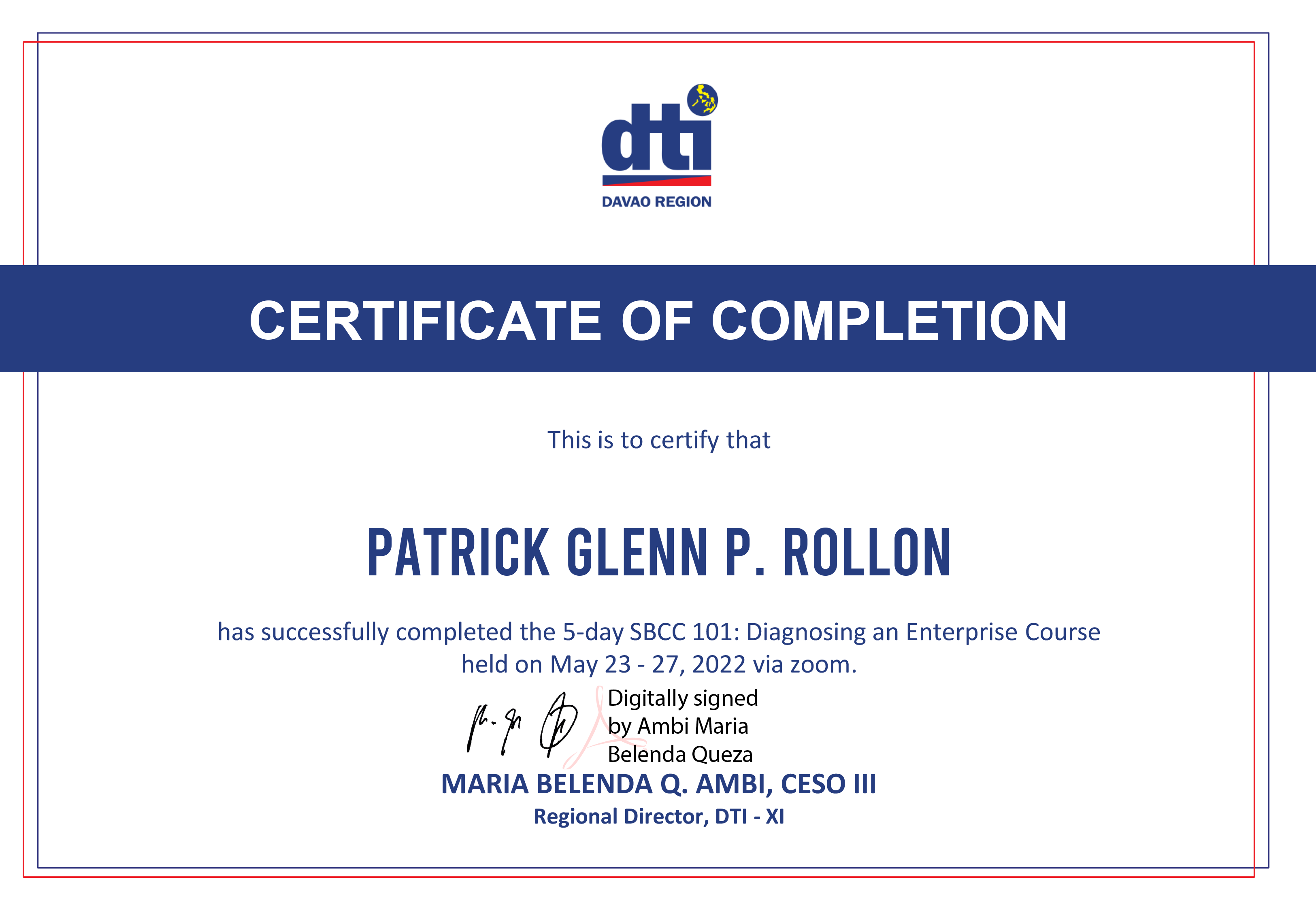 Small Business Counselors’ Course Certificate Patrick Glenn Rollon