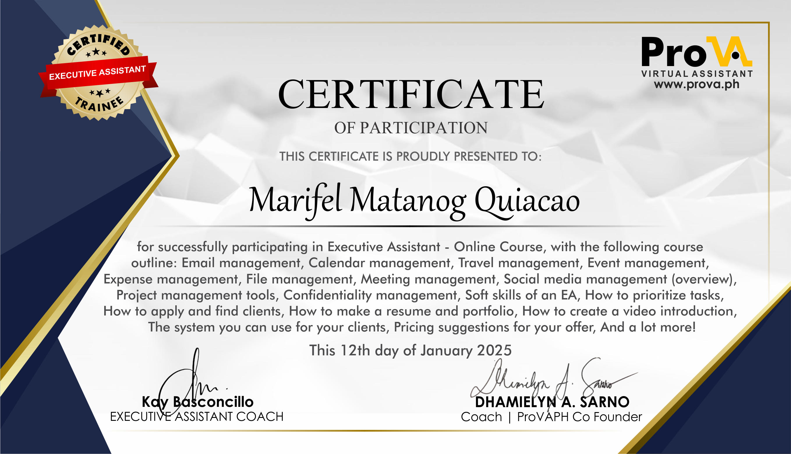 Executive Virtual Assistant training.