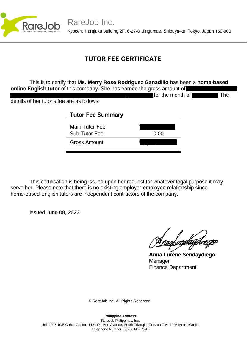 Online English tutor fee Certificate