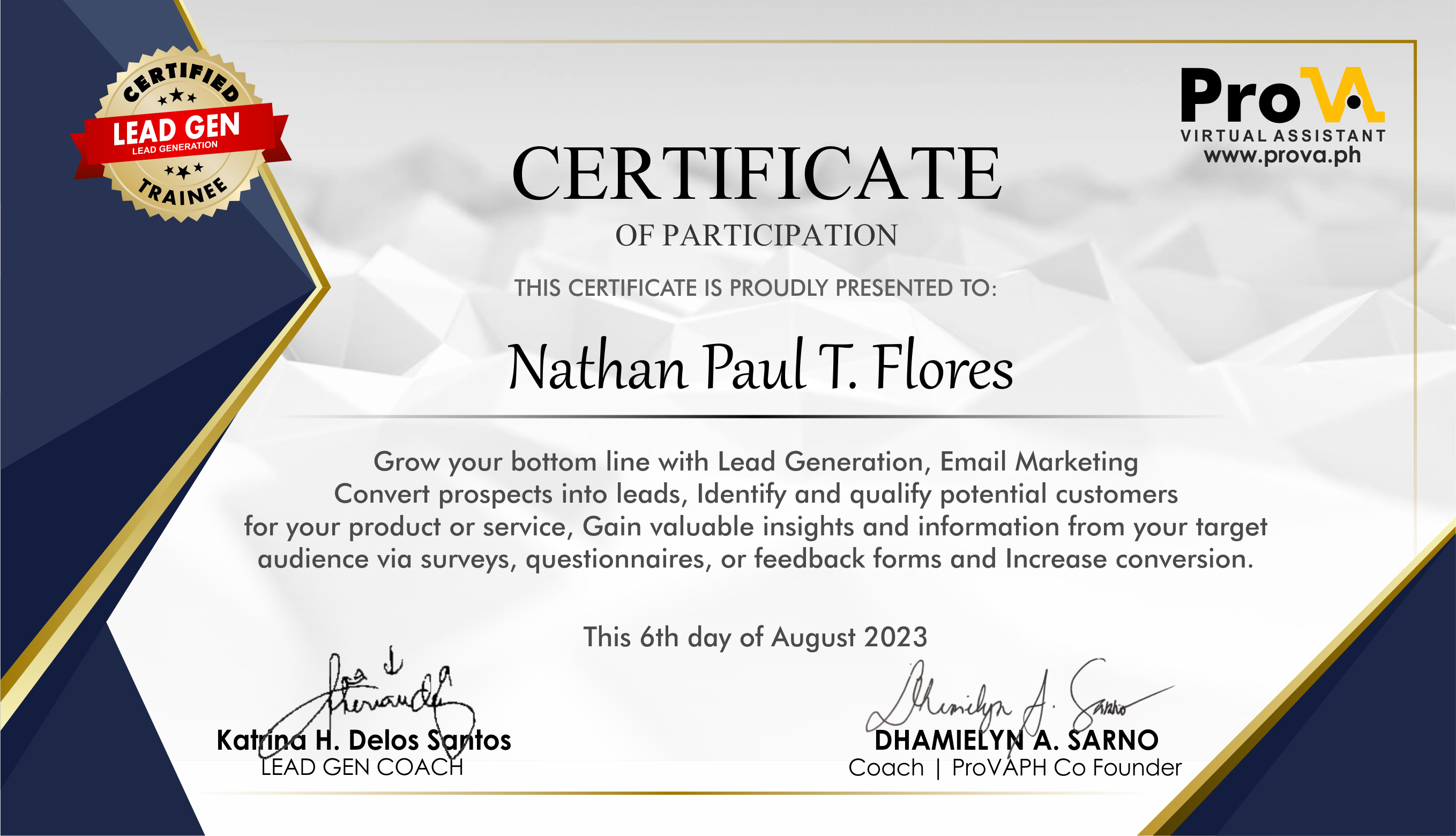 Lead generation certificate
