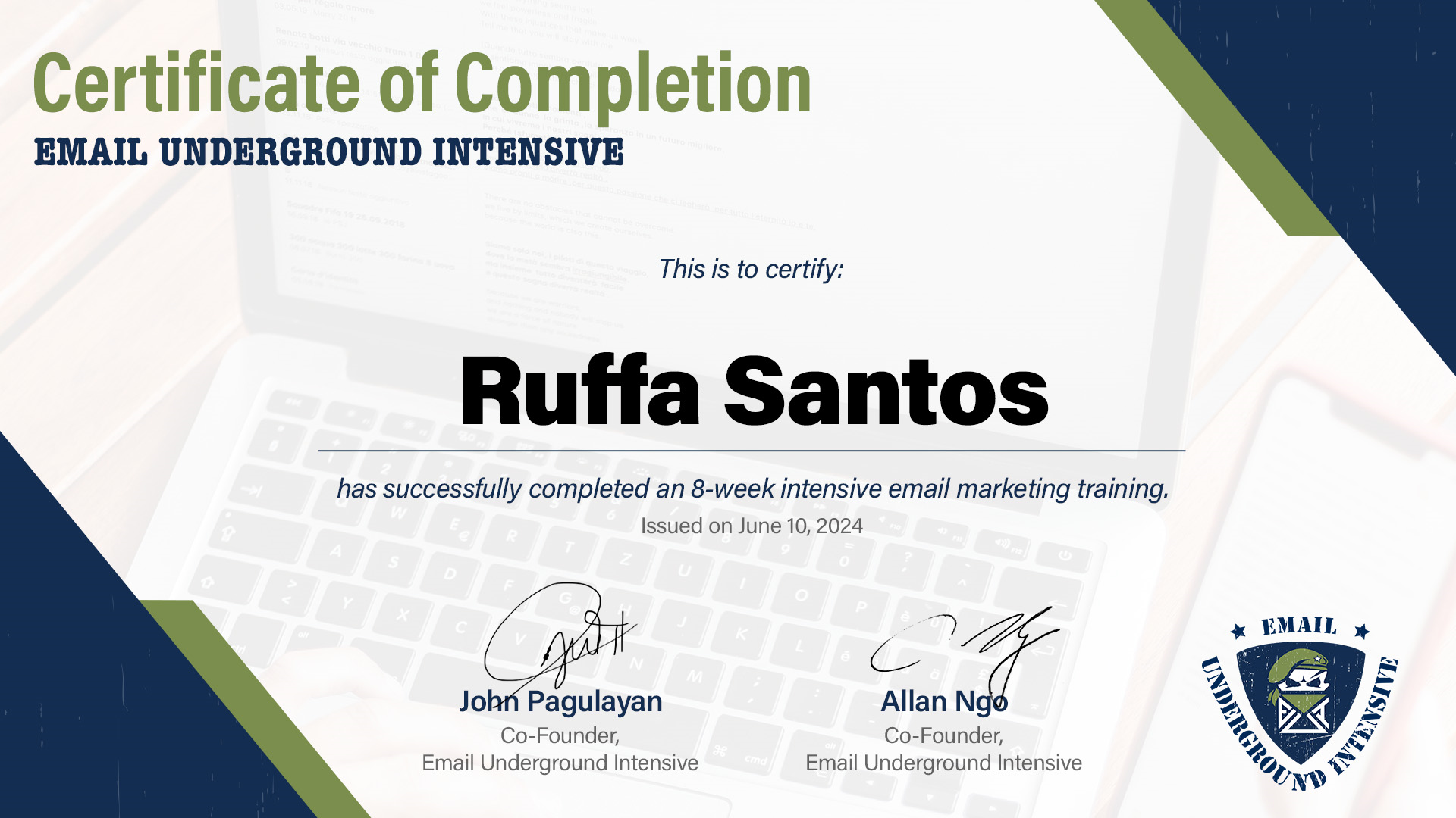 Email Underground Intensive Certificate