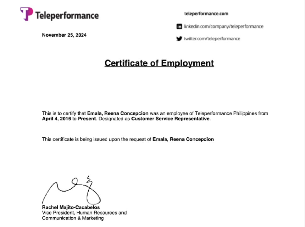 Certificate of Employment