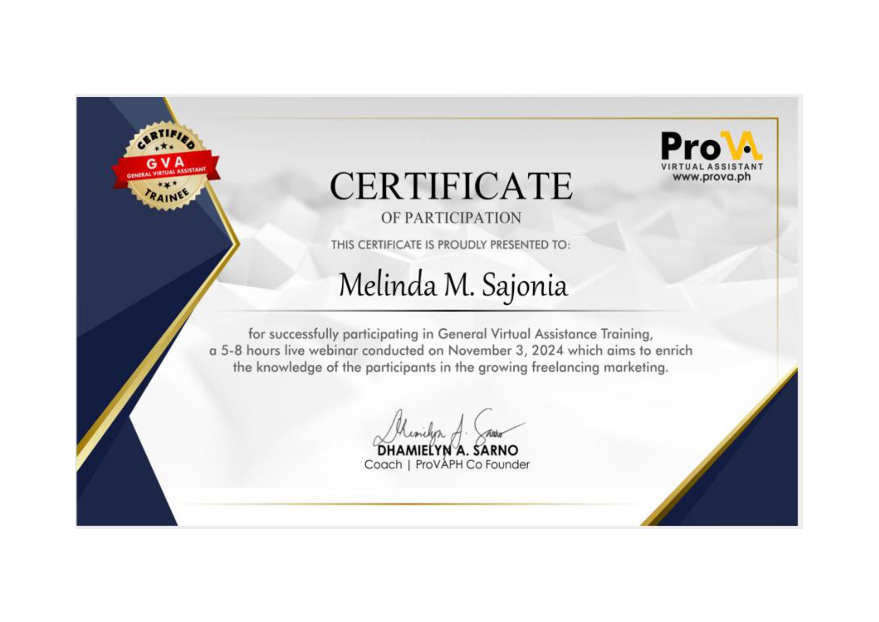 ProVA GVA Training Certificate