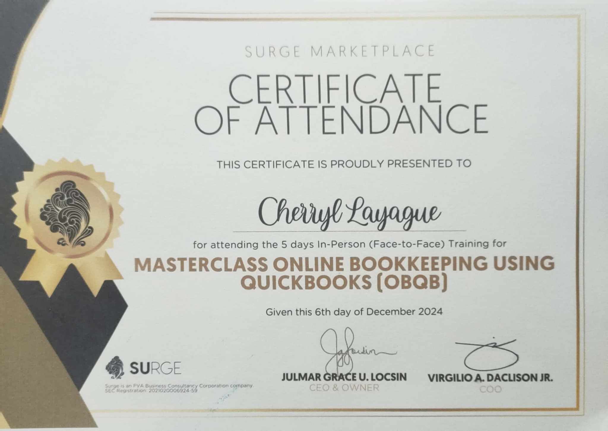 Masterclass Online Bookkeeping using Quickbooks Certificate