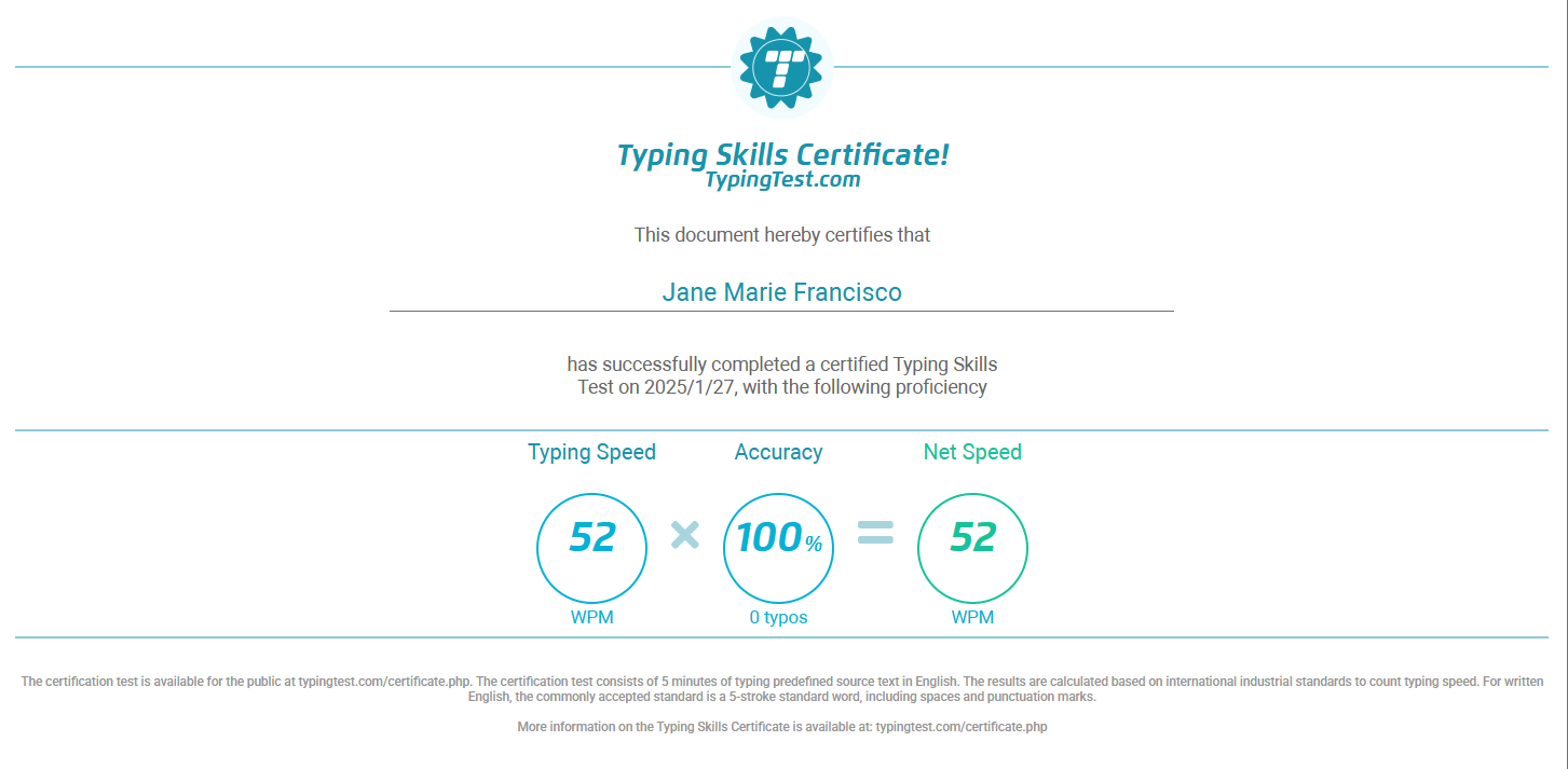 Typing Test Certificate